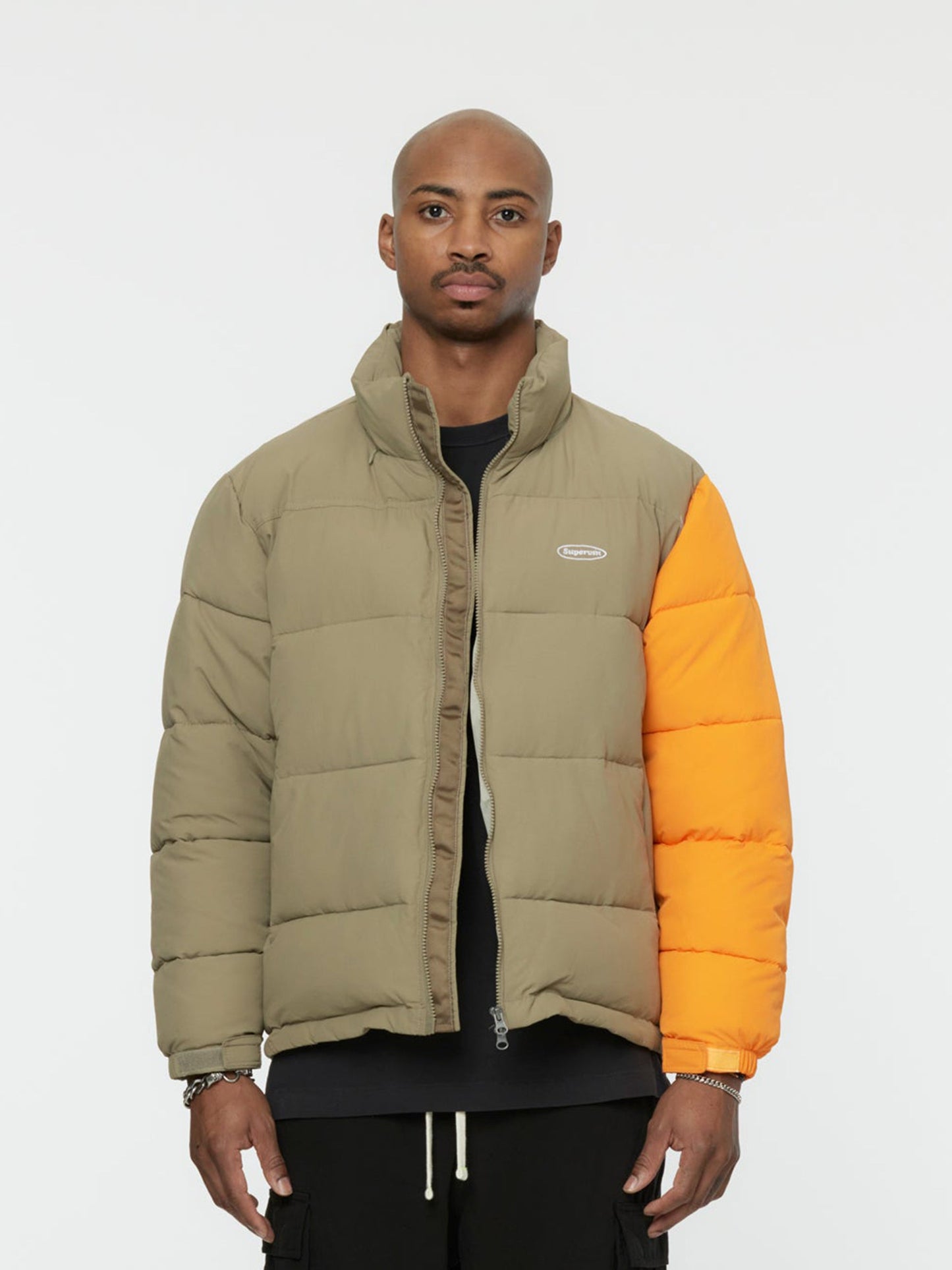 Contrast Sleeve Puffer Jacket (Khaki/Orange)