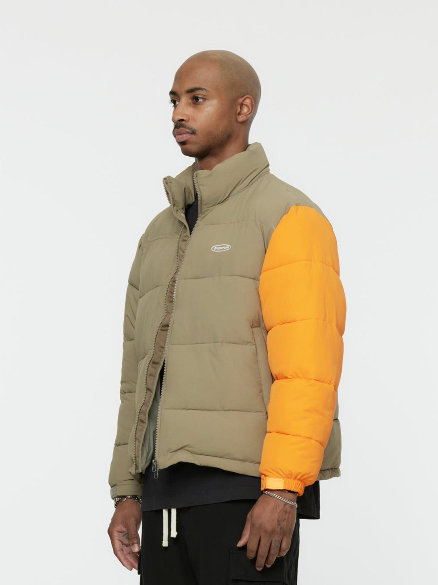 Contrast Sleeve Puffer Jacket (Khaki/Orange)