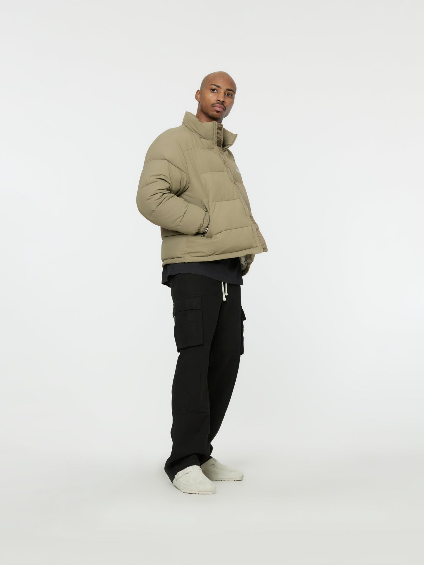Contrast Sleeve Puffer Jacket (Khaki/Orange)