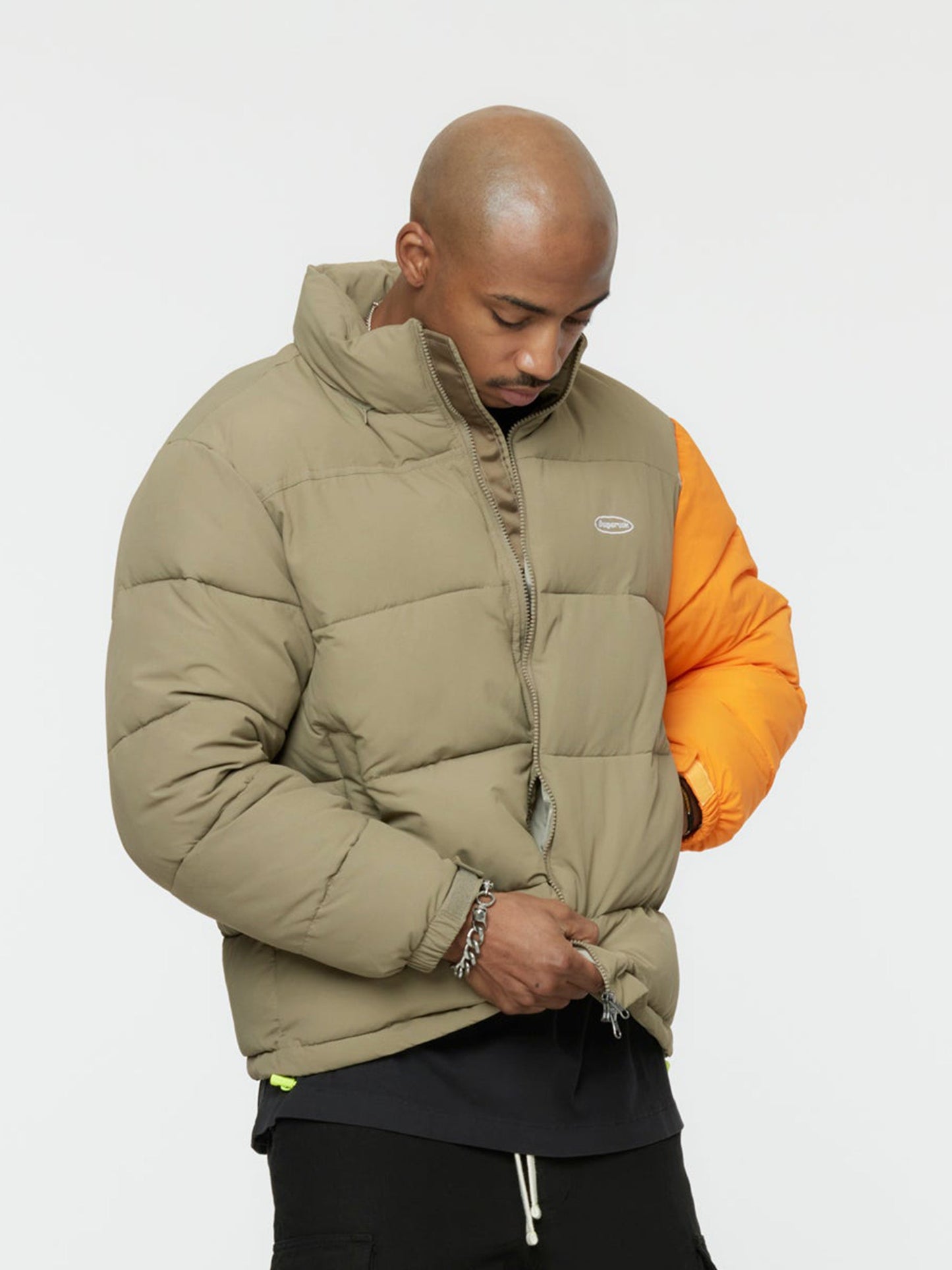Contrast Sleeve Puffer Jacket (Khaki/Orange)