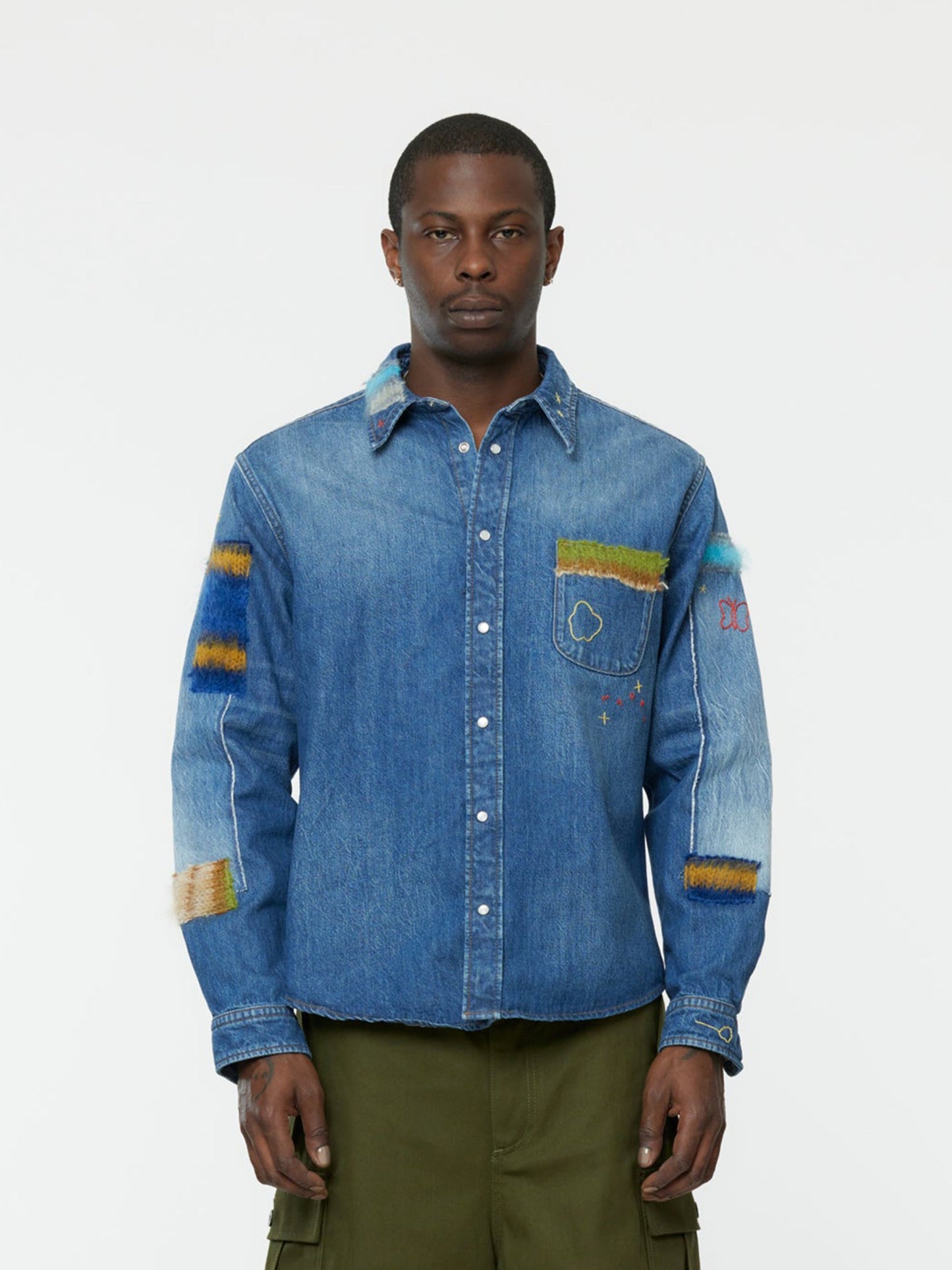 Stone Washed Patchwork Shirt (Iris Blue)