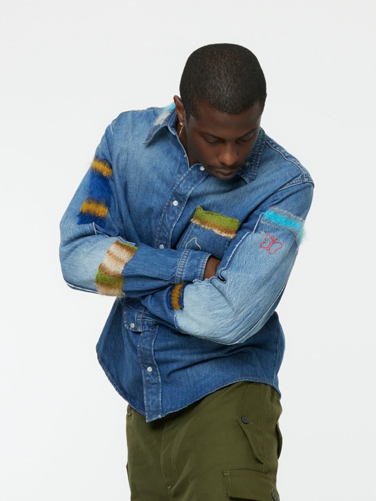 Stone Washed Patchwork Shirt (Iris Blue)