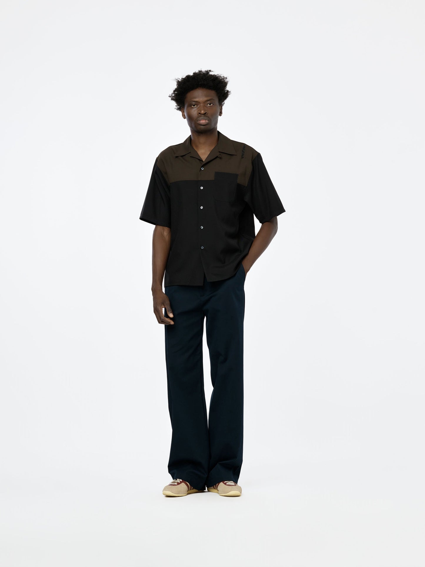 Bi-Color Tropical Wool Short Sleeve Bowling Shirt (Black)