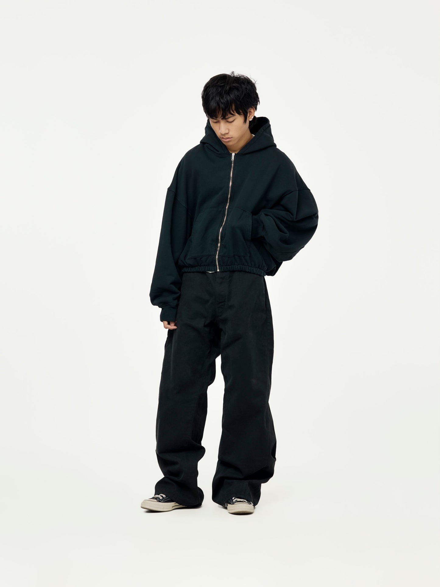 HEAVY TERRY ZIP UP HOODIE W ELASTIC WAIST (Black)