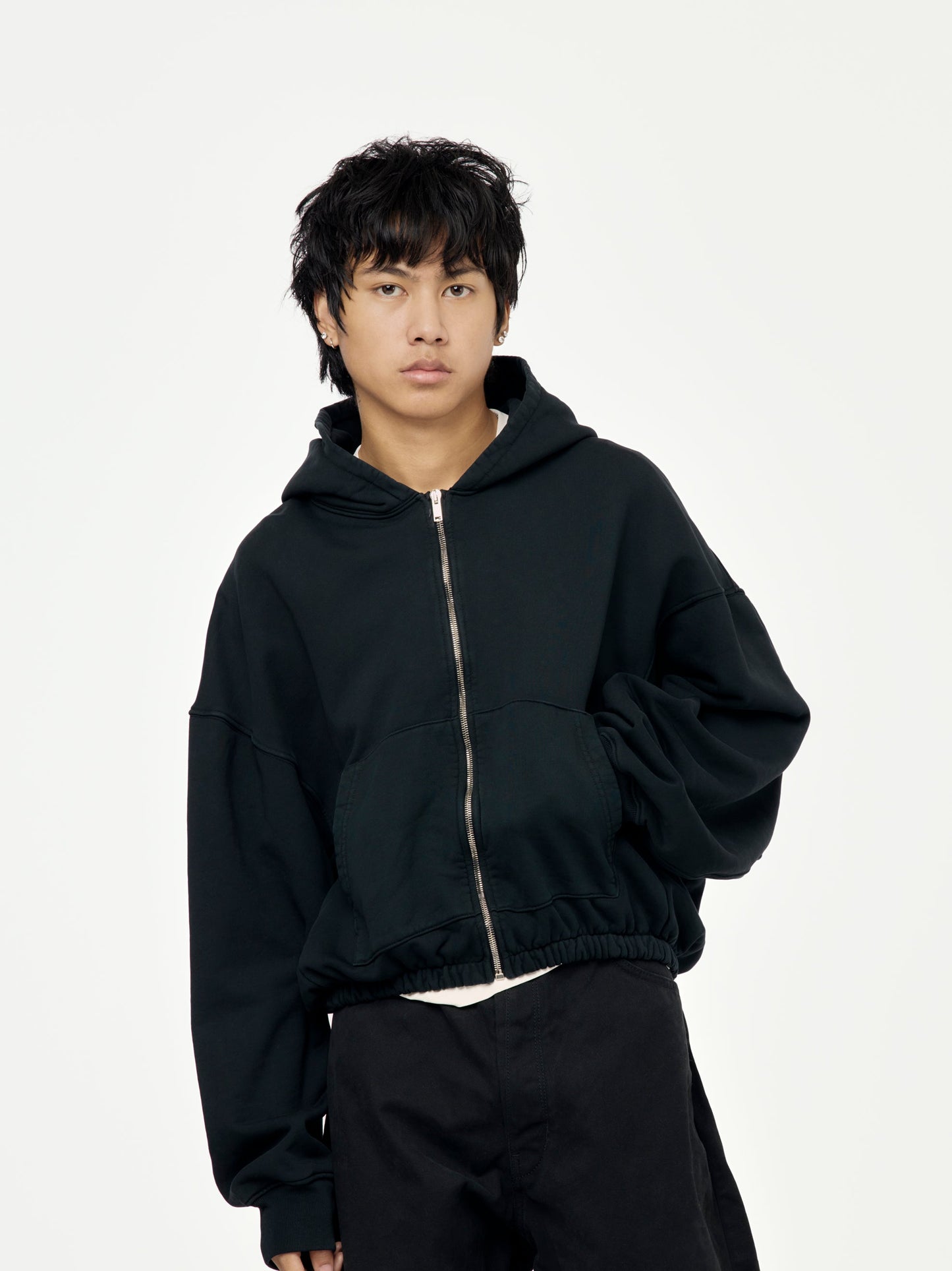 HEAVY TERRY ZIP UP HOODIE W ELASTIC WAIST (Black)