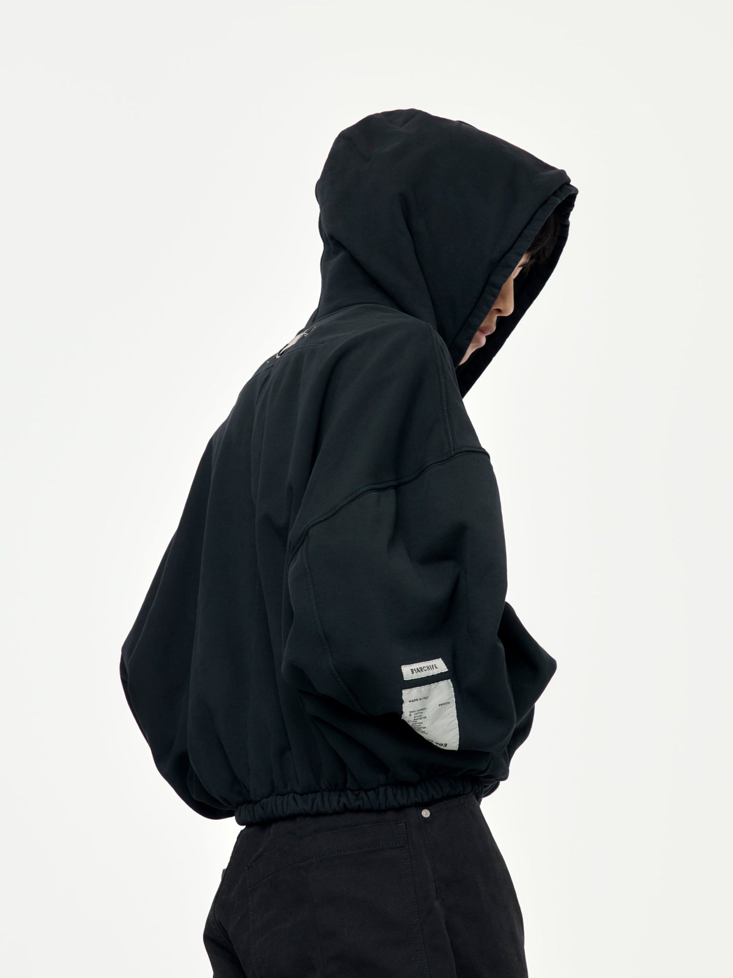 HEAVY TERRY ZIP UP HOODIE W ELASTIC WAIST (Black)