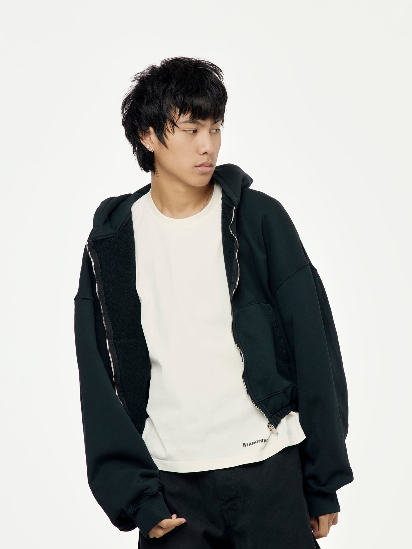 HEAVY TERRY ZIP UP HOODIE W ELASTIC WAIST (Black)