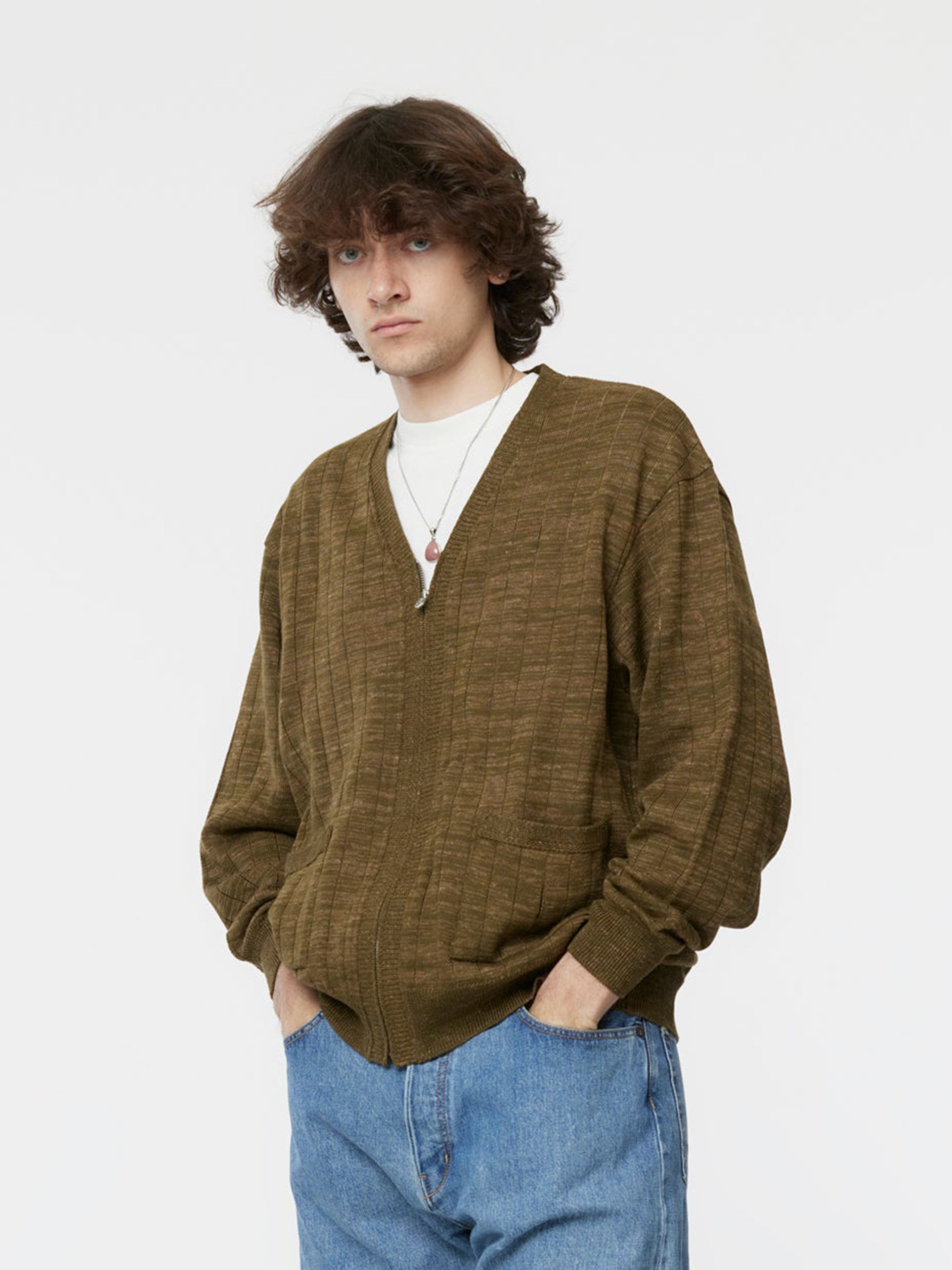 Knit Zip Cardigan (Olive)