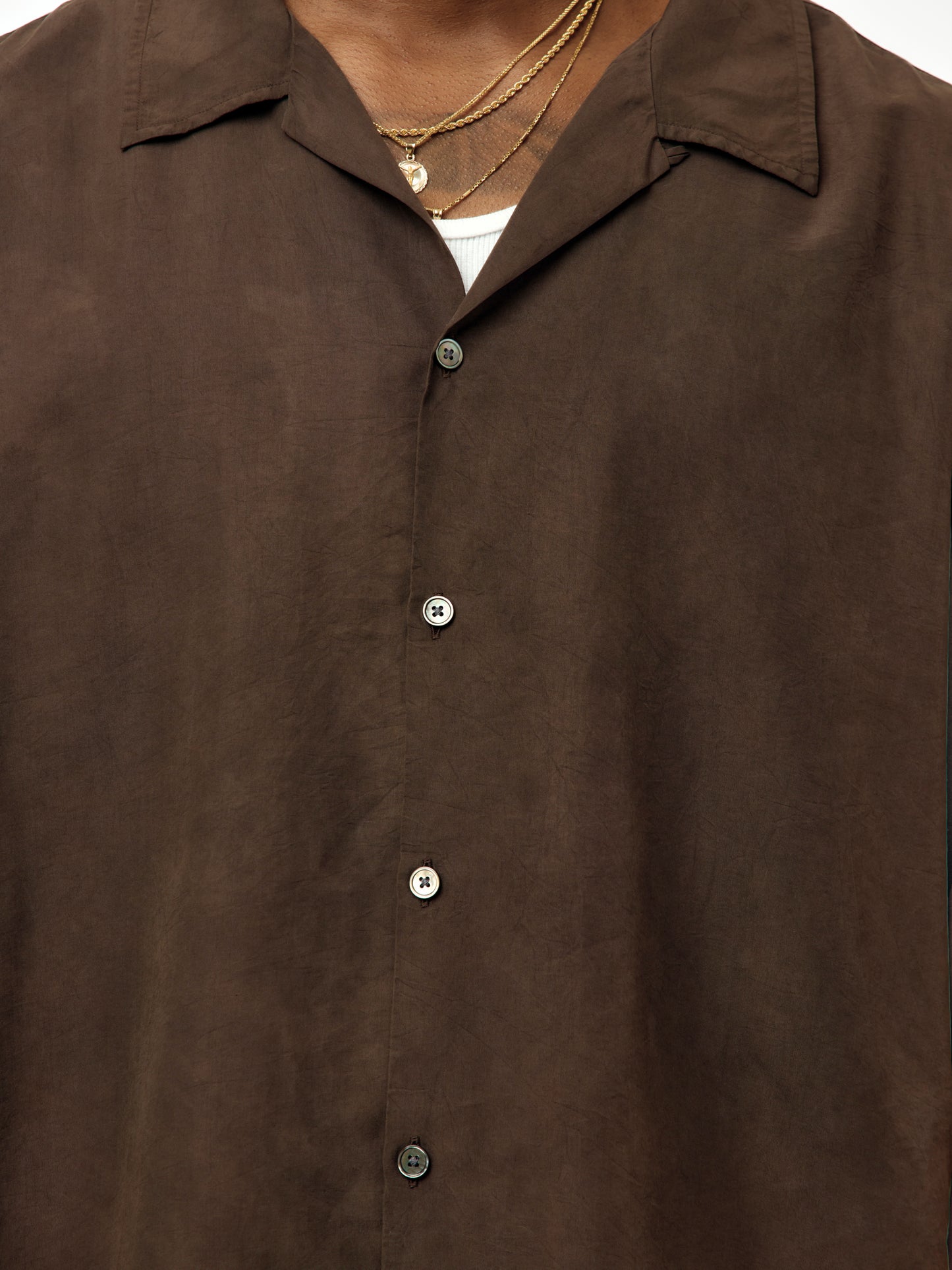 Natural Dyed Silk S/S Open Collar Shirts (BROWN) (SIS)