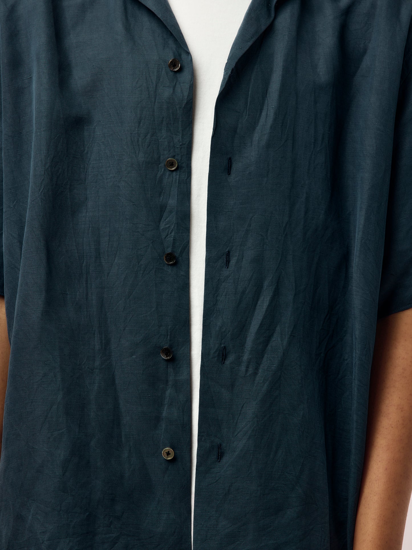 Vintage Silk Linen Short-Sleeve Open Collar Shirt (Navy)