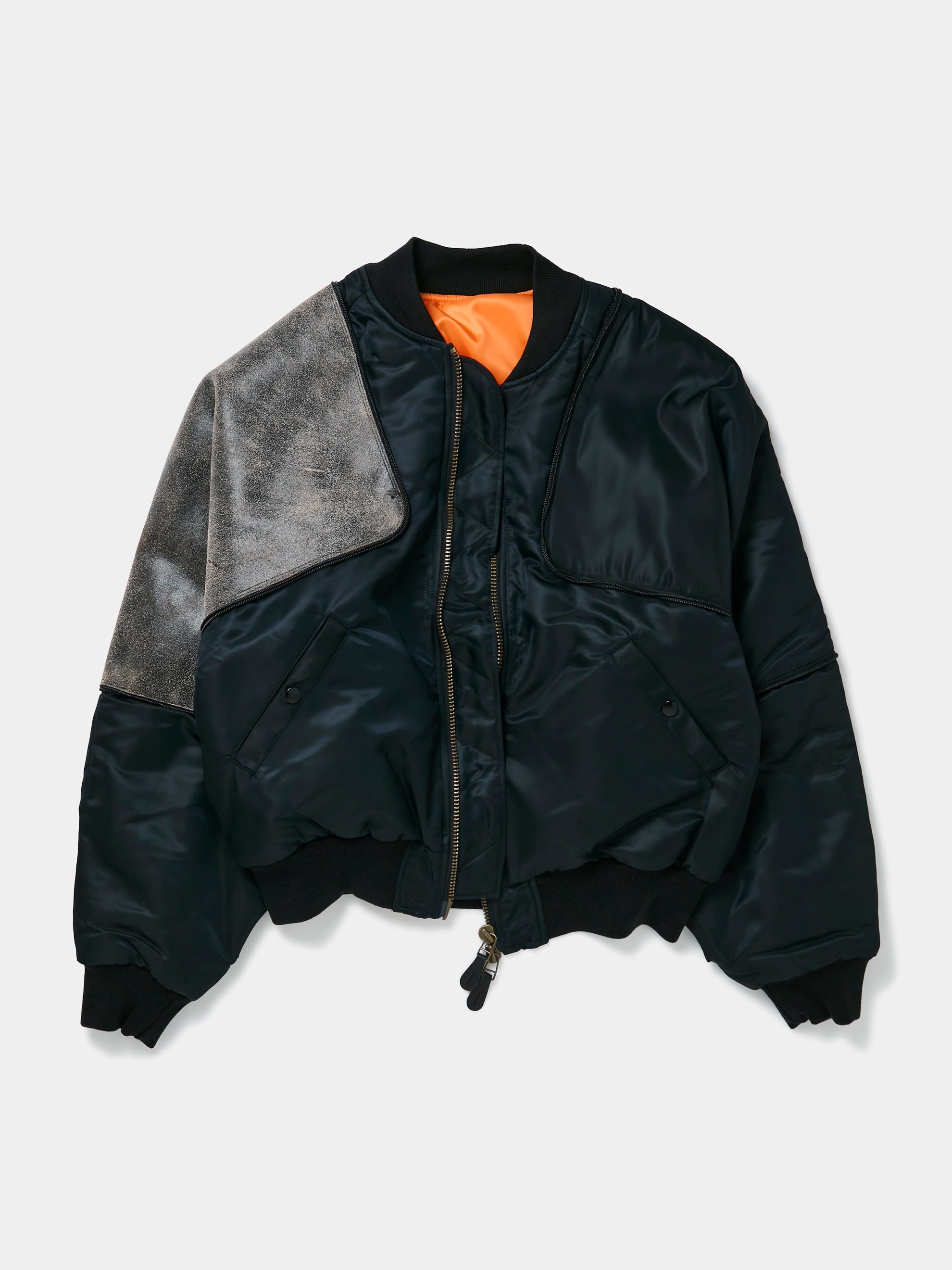 MA-1 Crack Leather Sham Bomber Jacket (Black)