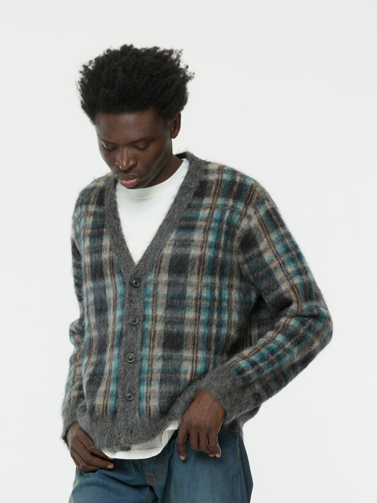 Brushed Check Cardigan (Petrol)