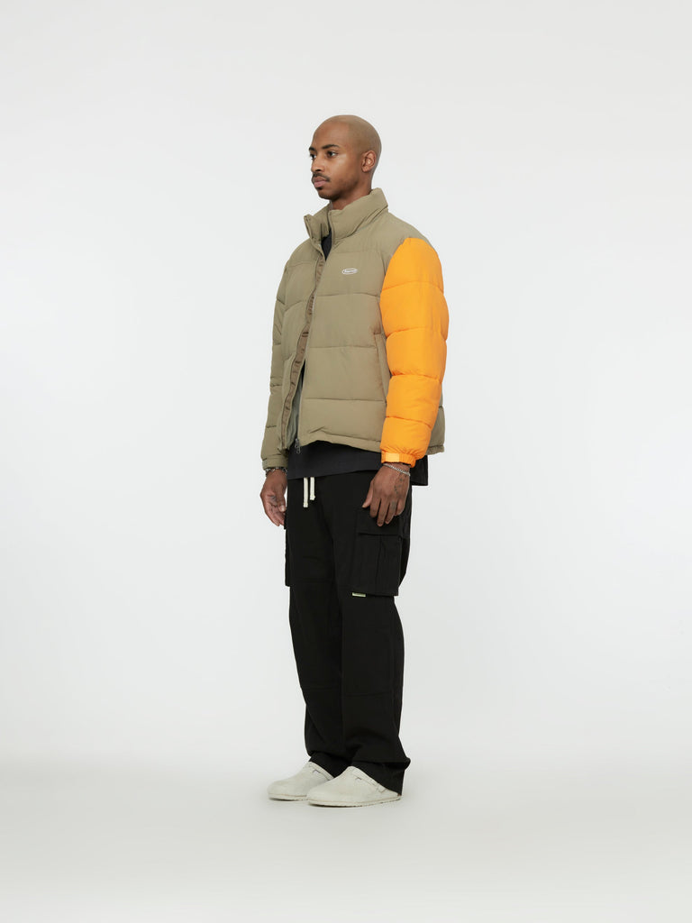 Contrast Sleeve Puffer Jacket (Khaki/Orange)30685901324365
