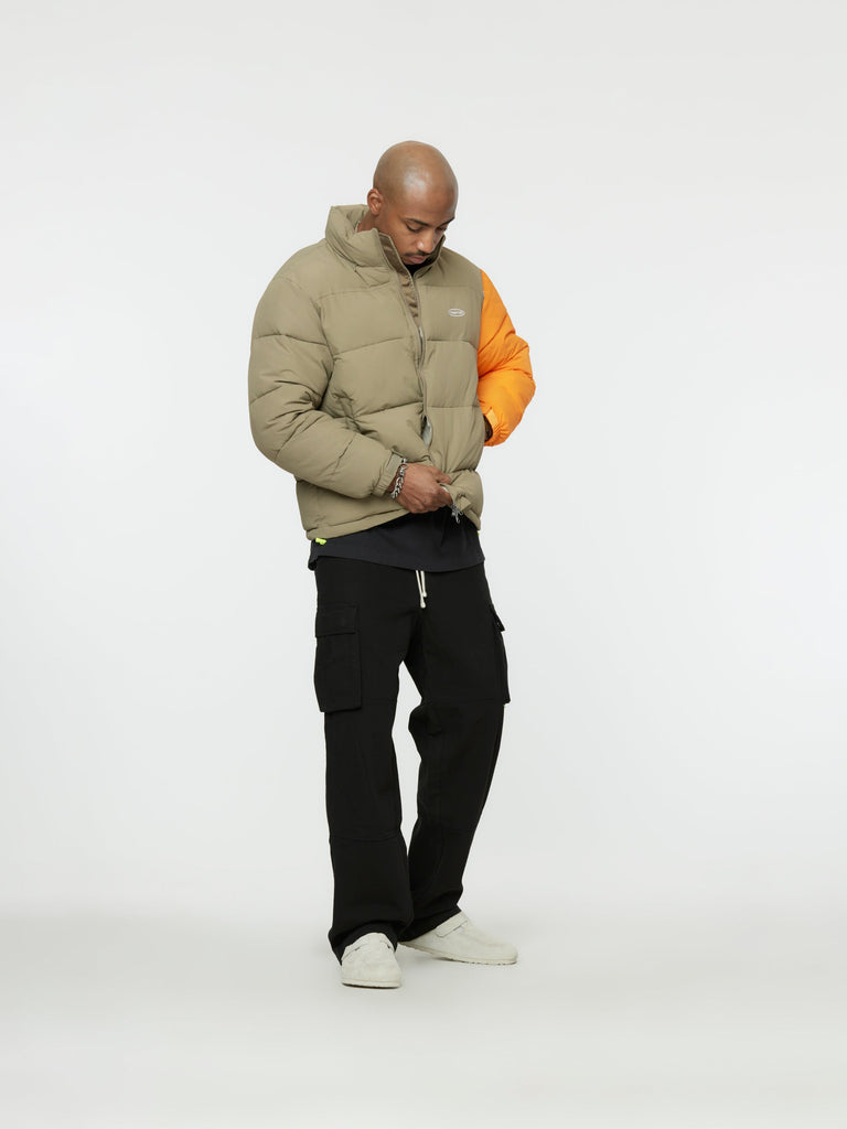 Contrast Sleeve Puffer Jacket (Khaki/Orange)30685901357133