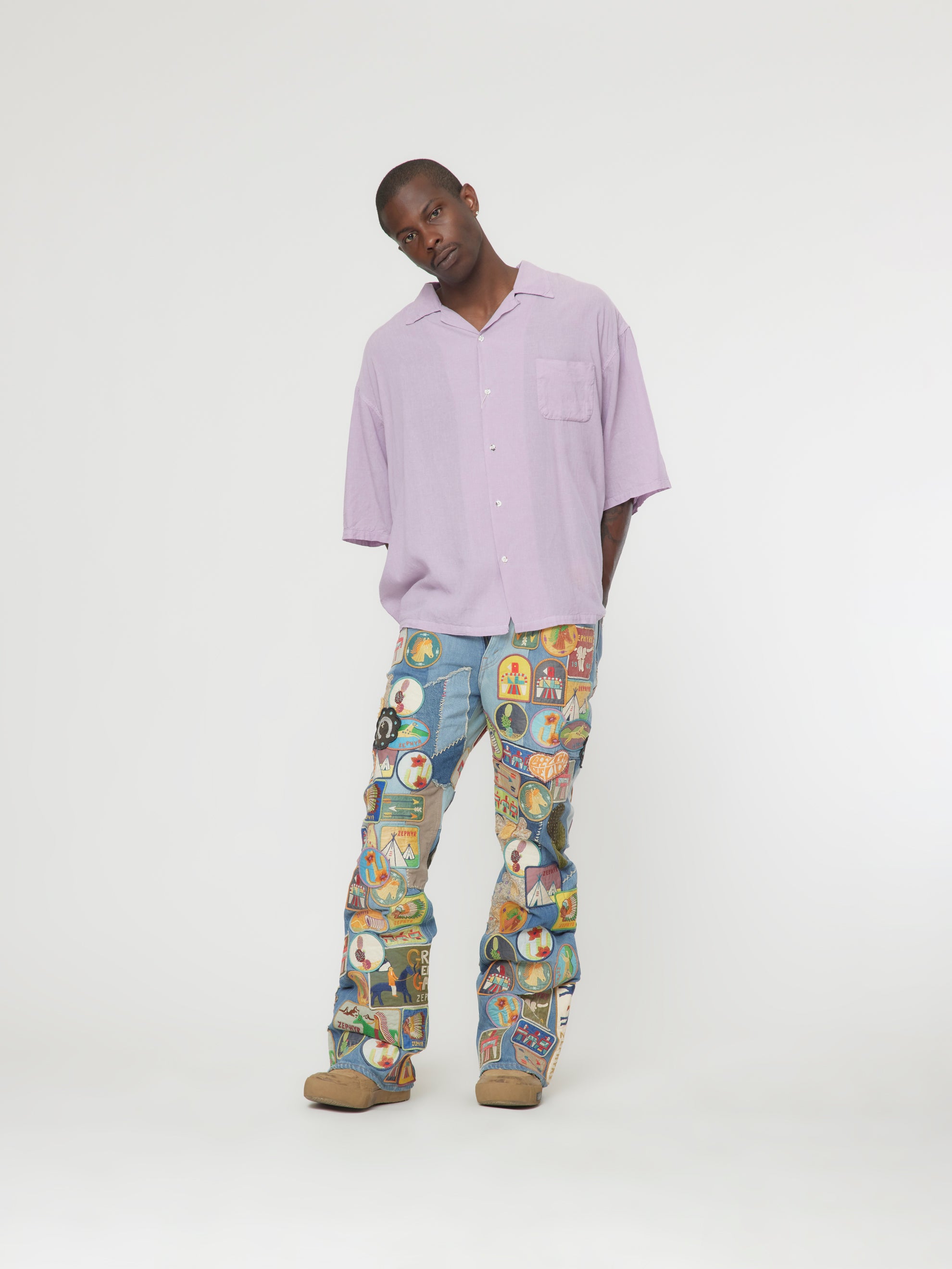 Soft Linen Open Collar BIG Shirt (Lavender)
