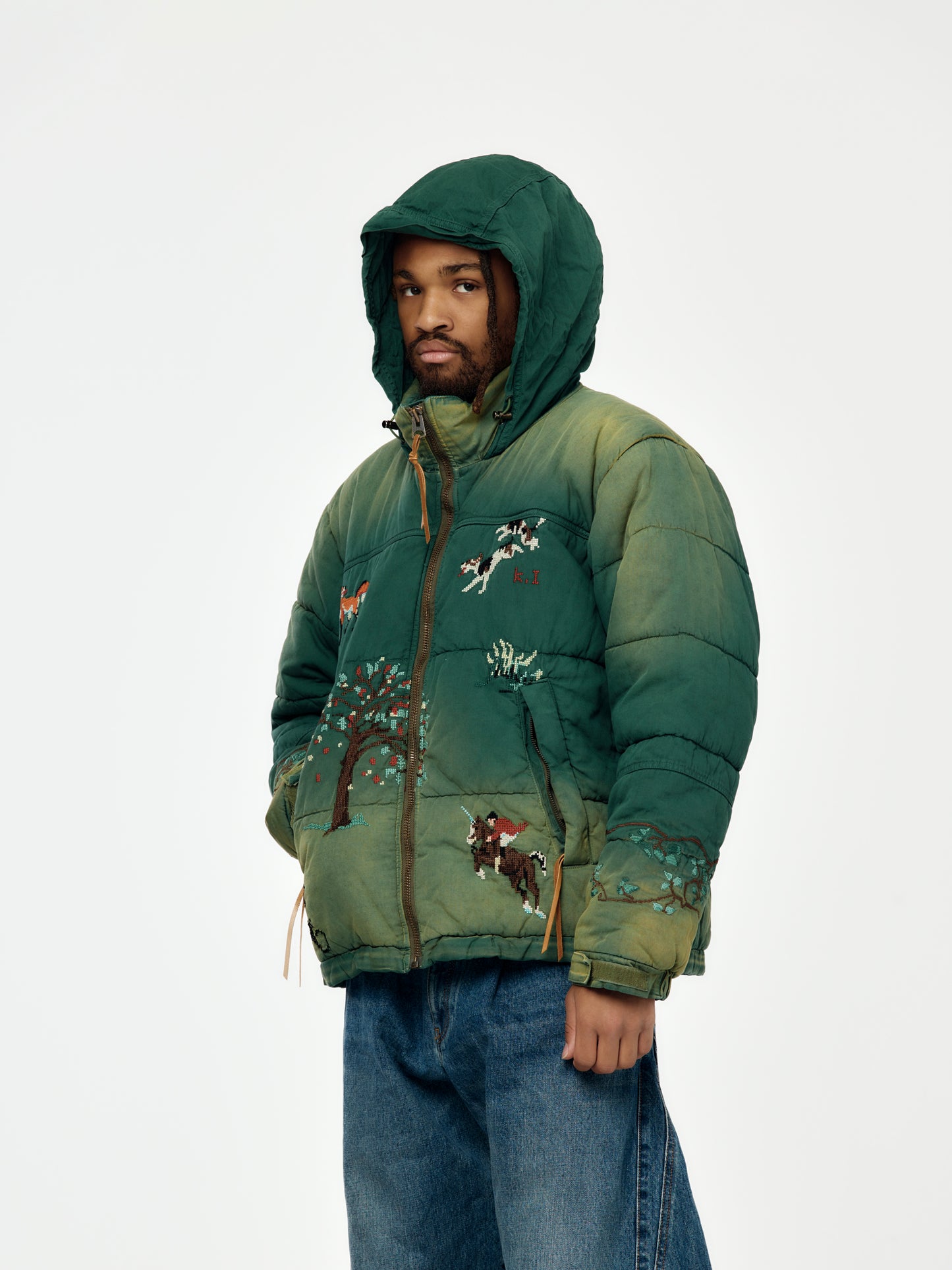 Vintage-Effect Puffer Jacket (Green)