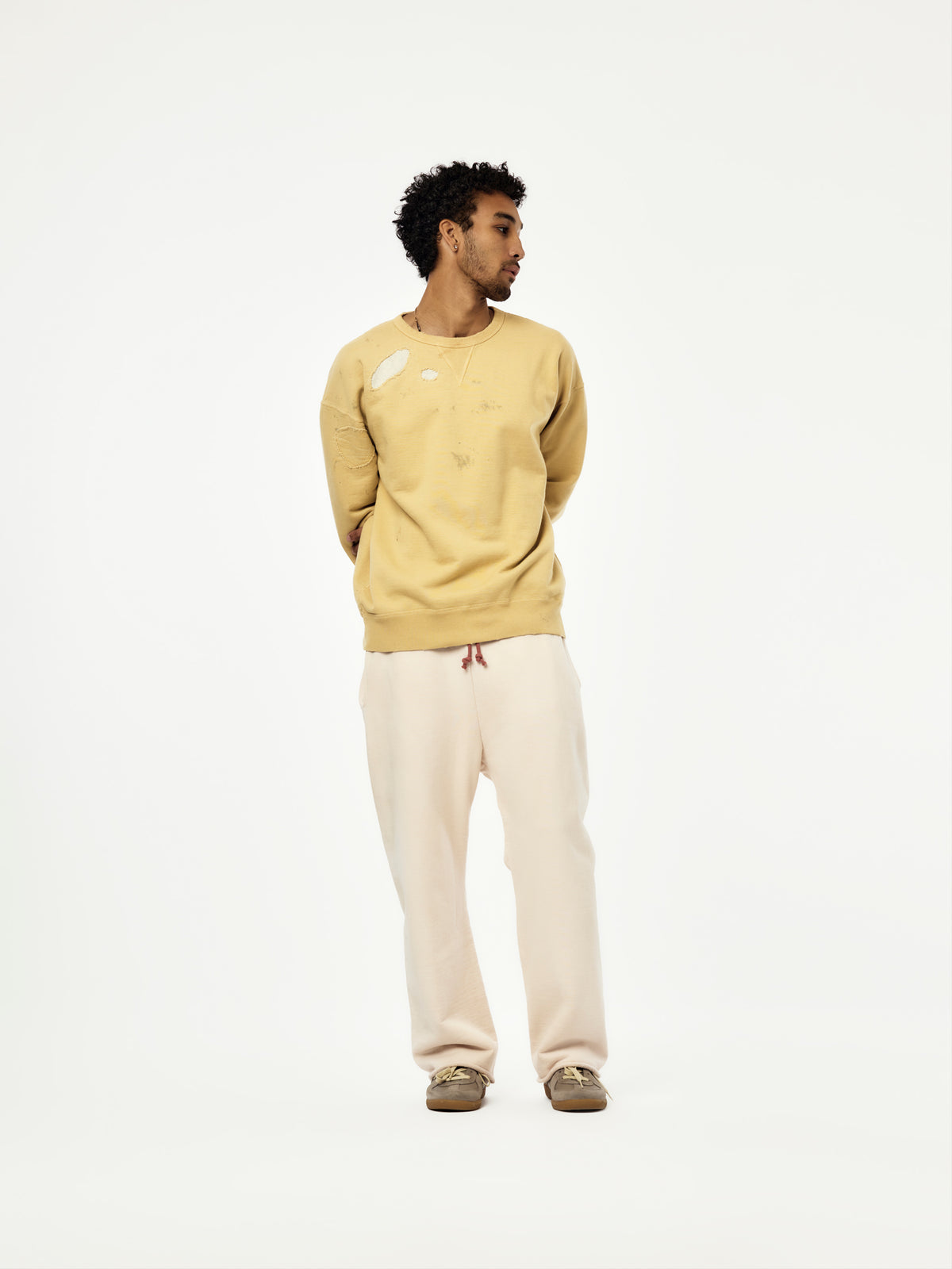 Repaired Faded Double V Sweatshirt (Khaki Yellow)
