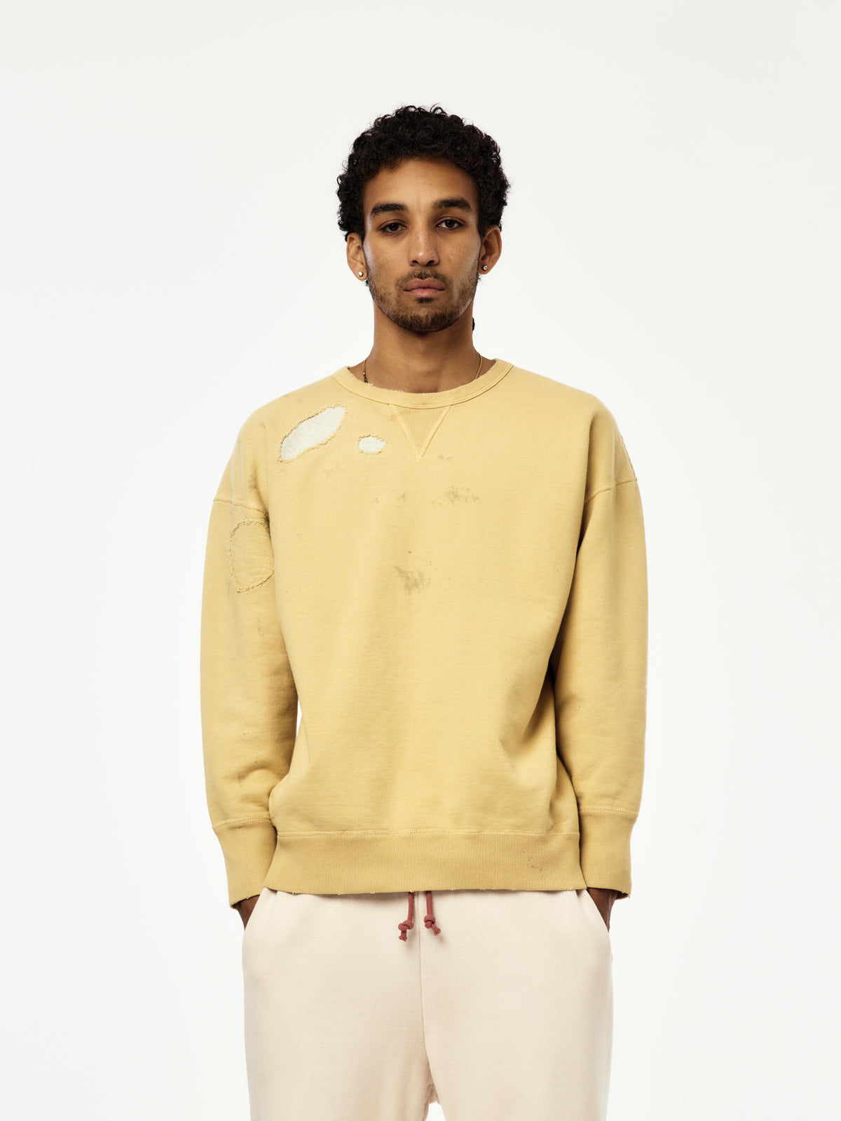 Repaired Faded Double V Sweatshirt (Khaki Yellow)