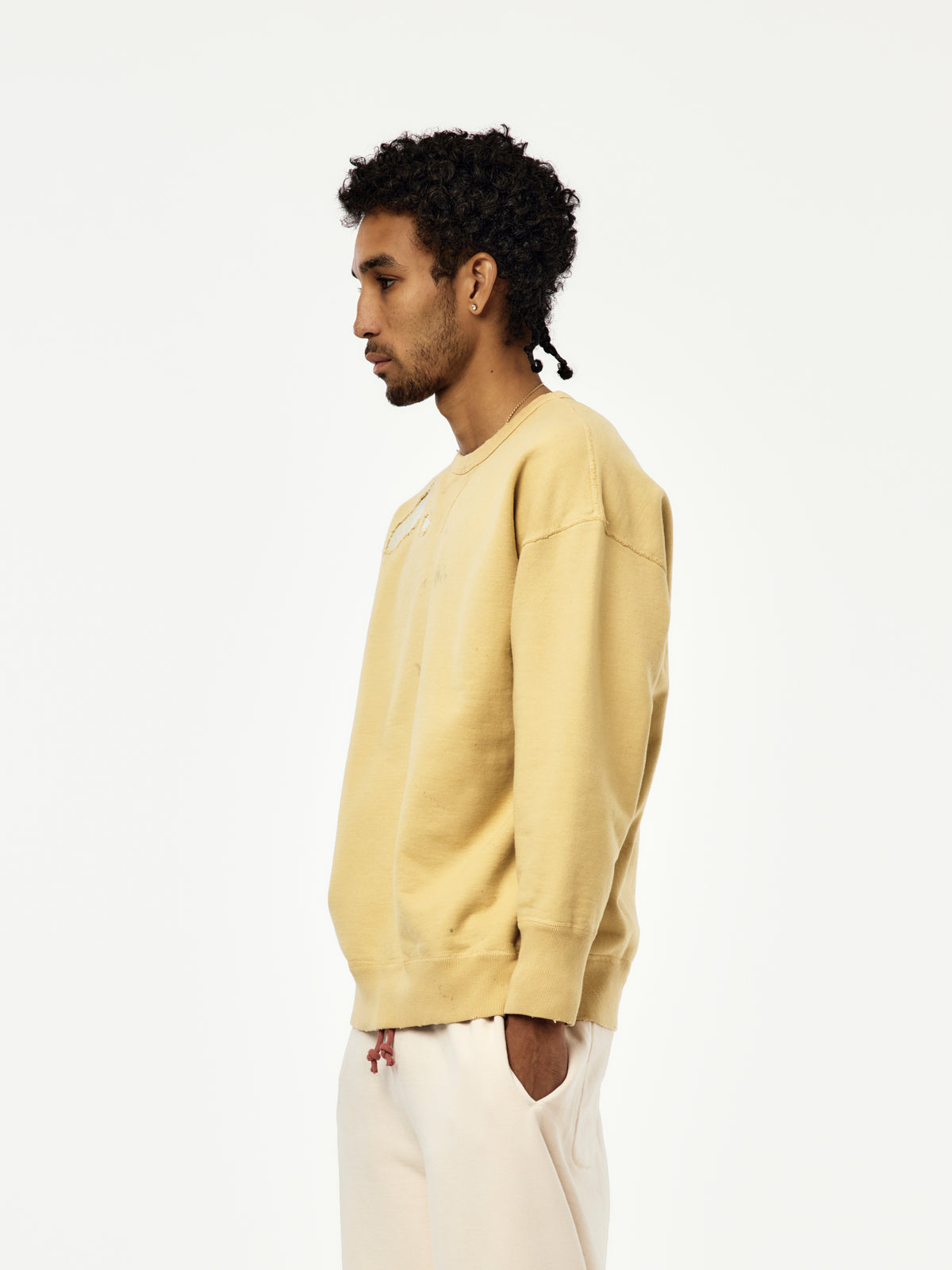 Repaired Faded Double V Sweatshirt (Khaki Yellow)