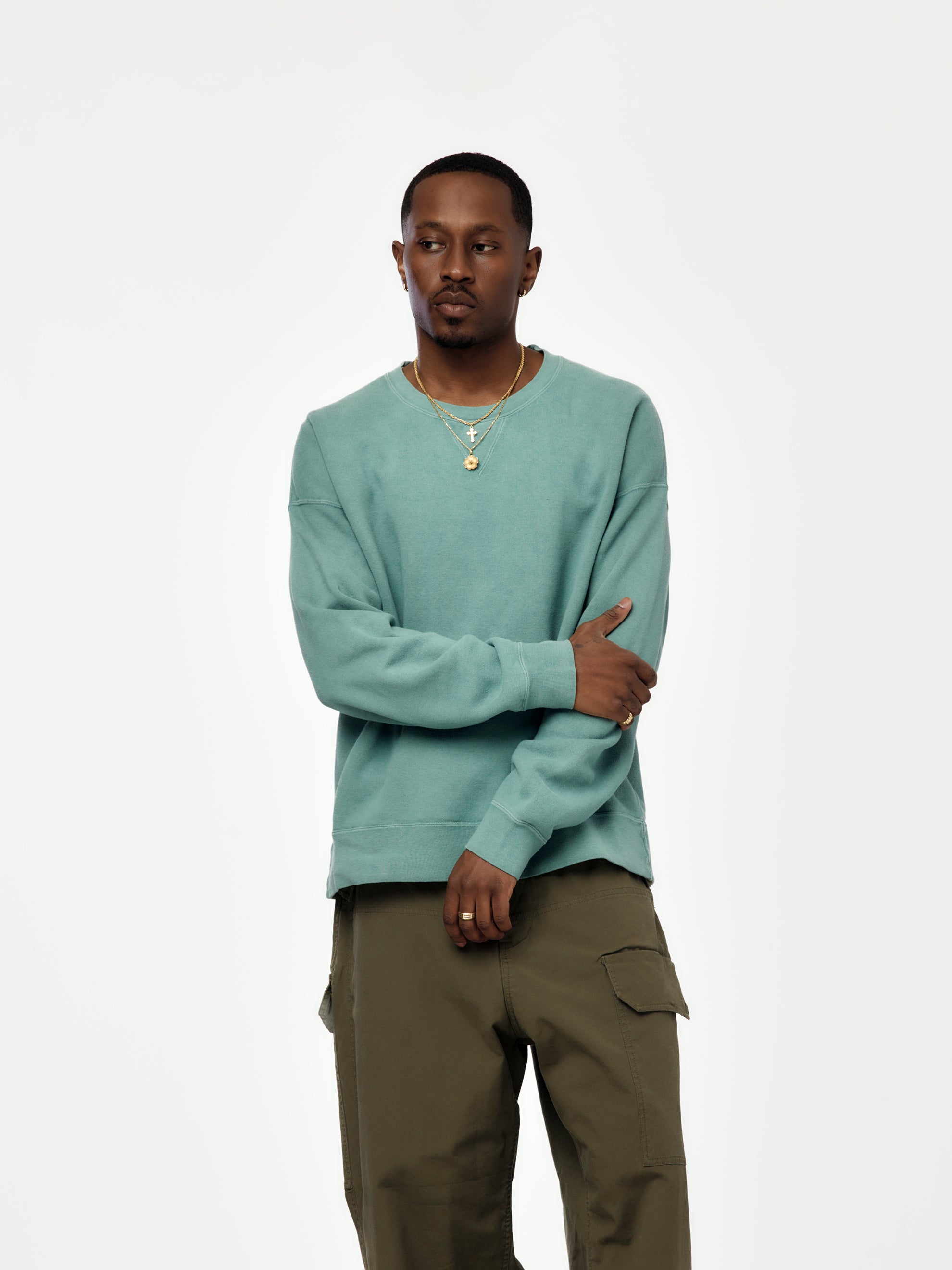 VISVIM 21SS JUMBO SWEAT 3 ヴィンテージ加工スウェット Visvim – Jumbo SB Sweat 3/4 (U.D.) Damaged Green – Tenue de Nîmes