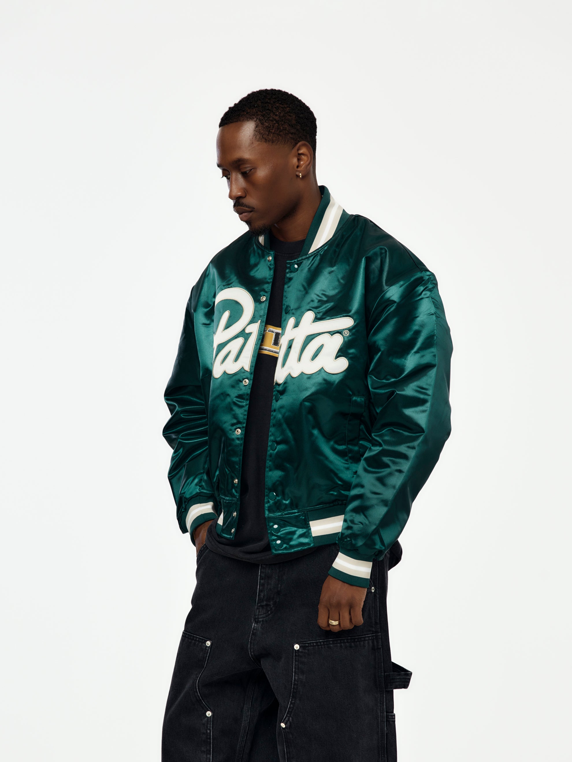 Patta Patta Script Logo Satin Varsity Jacket (Bistro Green