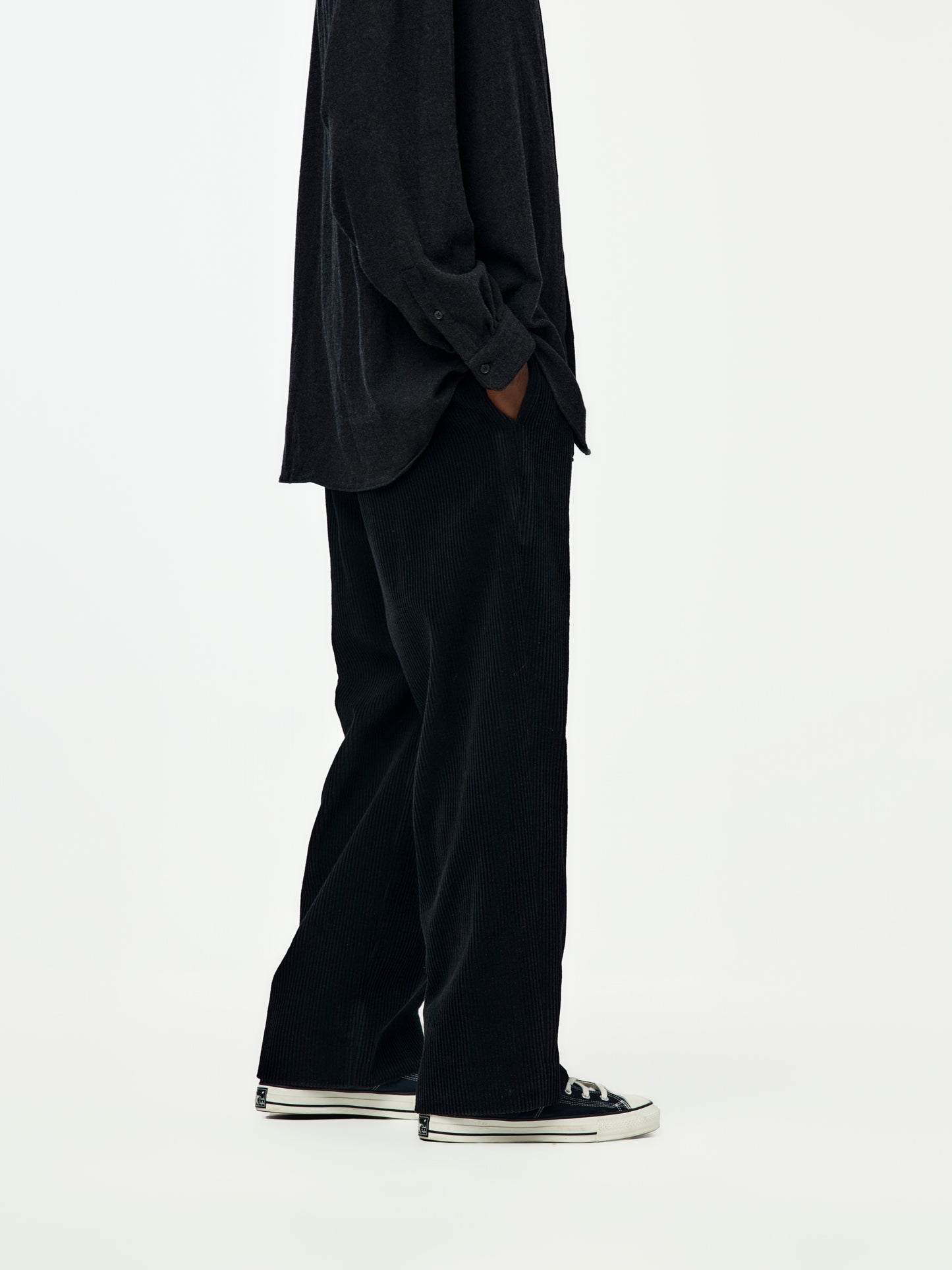 Wool Corduroy Wide Tapered Trousers (Black) SIS
