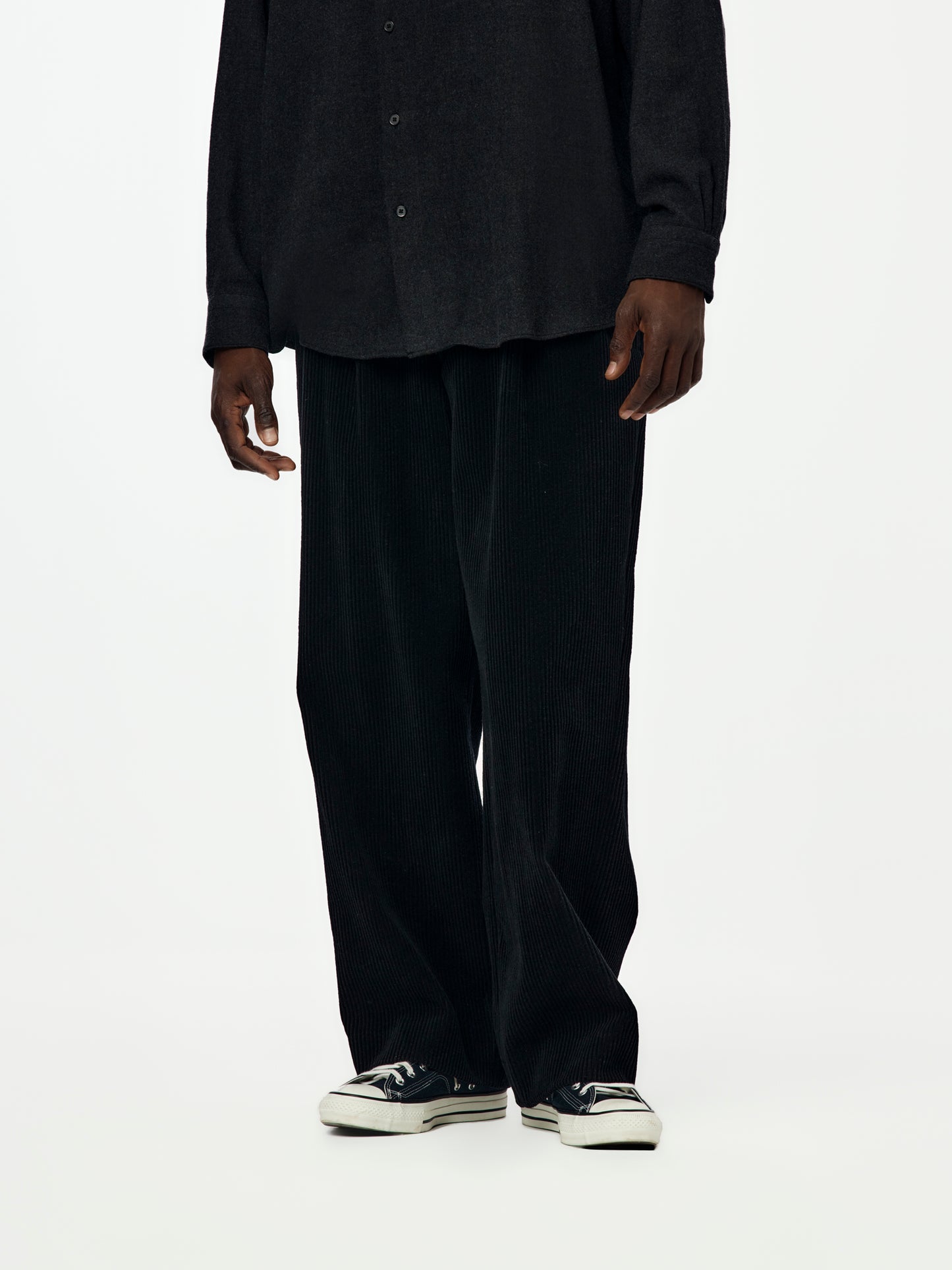 Wool Corduroy Wide Tapered Trousers (Black) SIS