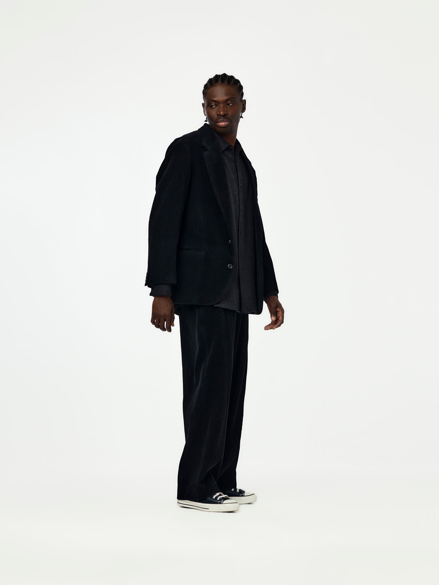 Wool Corduroy Wide Tapered Trousers (Black) SIS