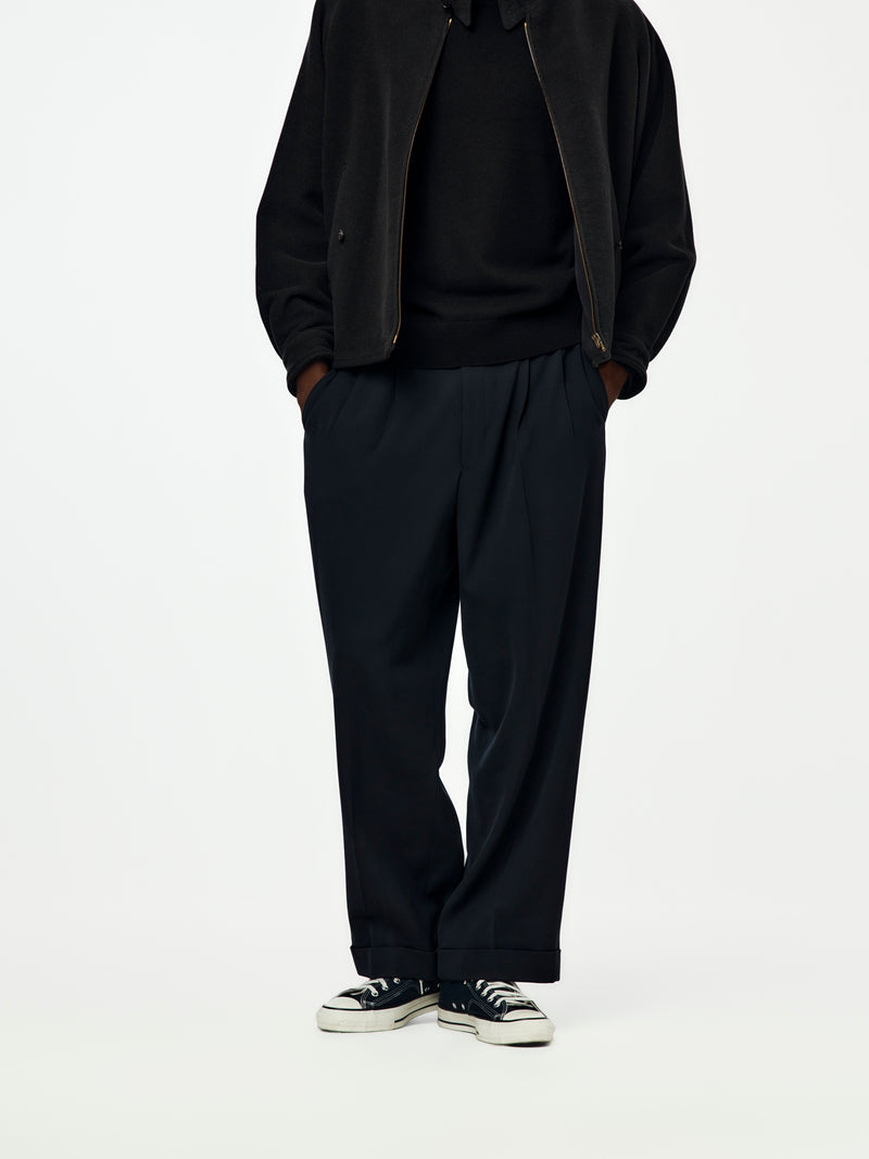 Wool Wide Tapered Trousers (Navy) SIS