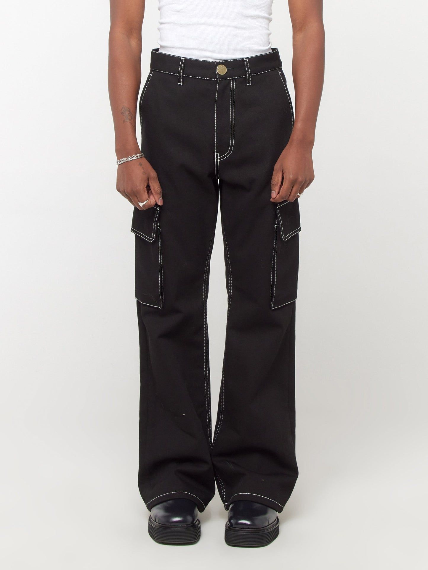 Contrast Stitch Cargo Pants (Black)