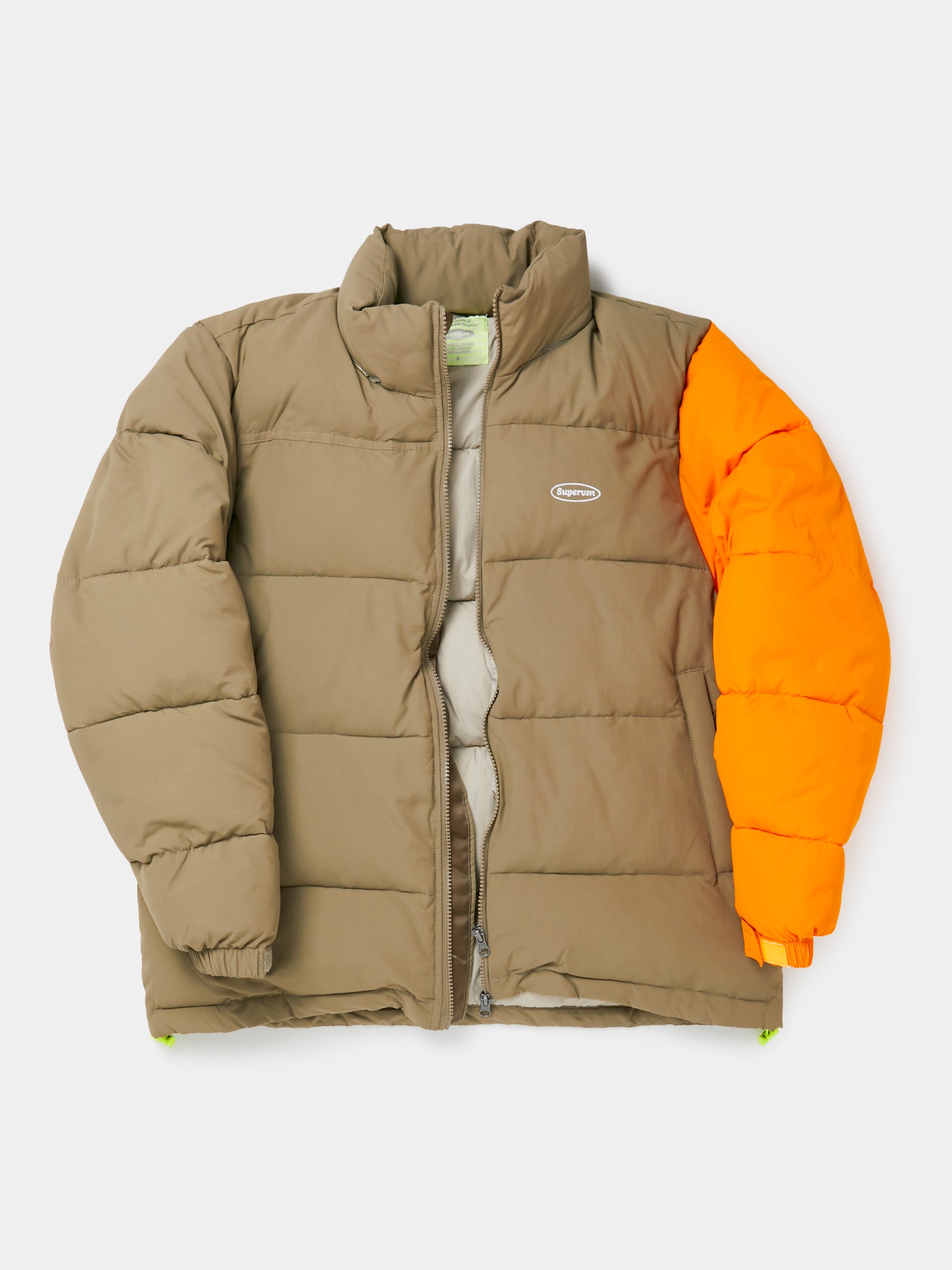Contrast Sleeve Puffer Jacket (Khaki/Orange)