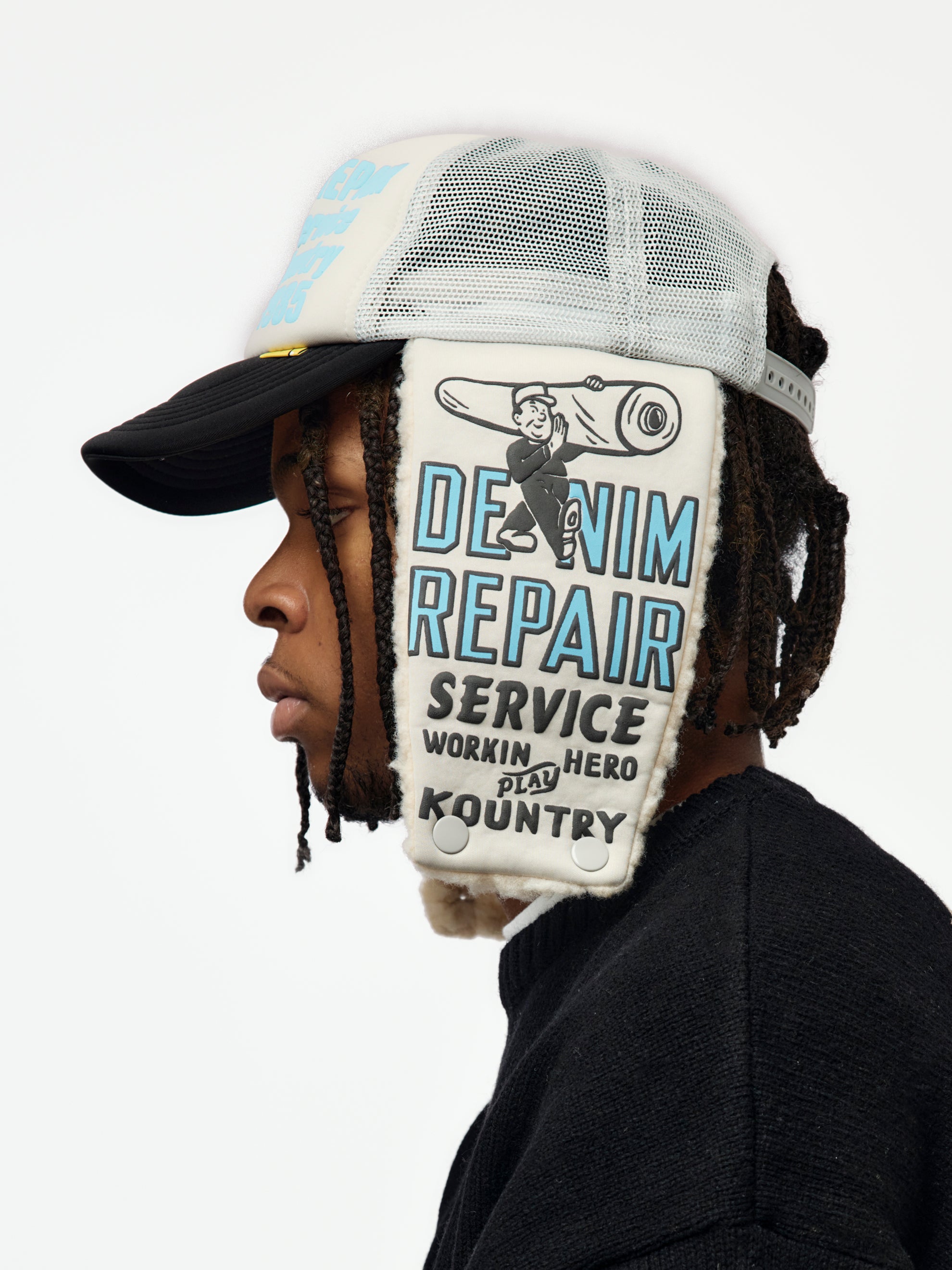 Kapital DENIM REPAIR SERVICE LUMBER Trucker Cap (Grey/Black