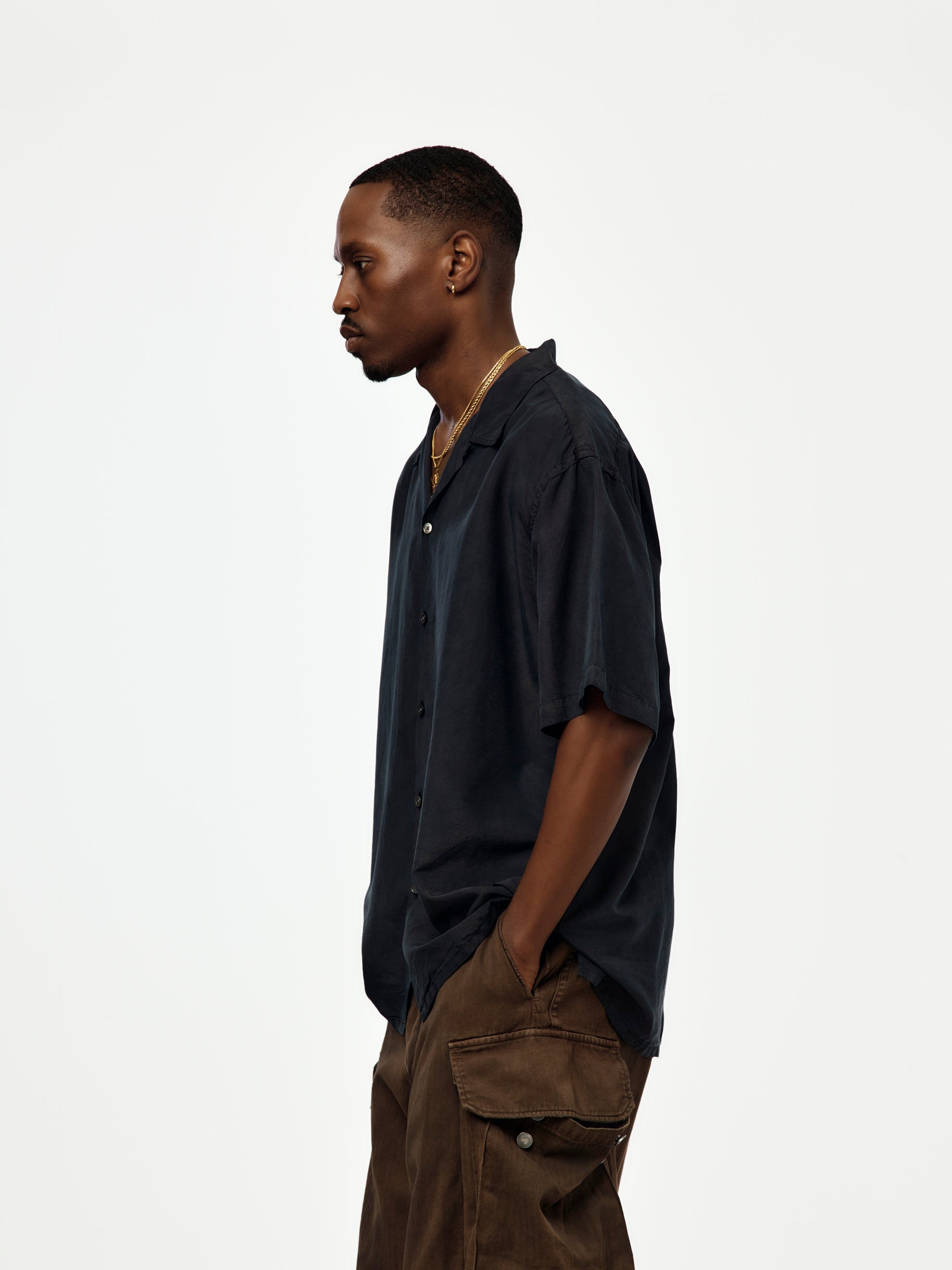 A.PRESSE Natural Dyed Silk S/S Open Collar Shirts (BLACK) (SIS