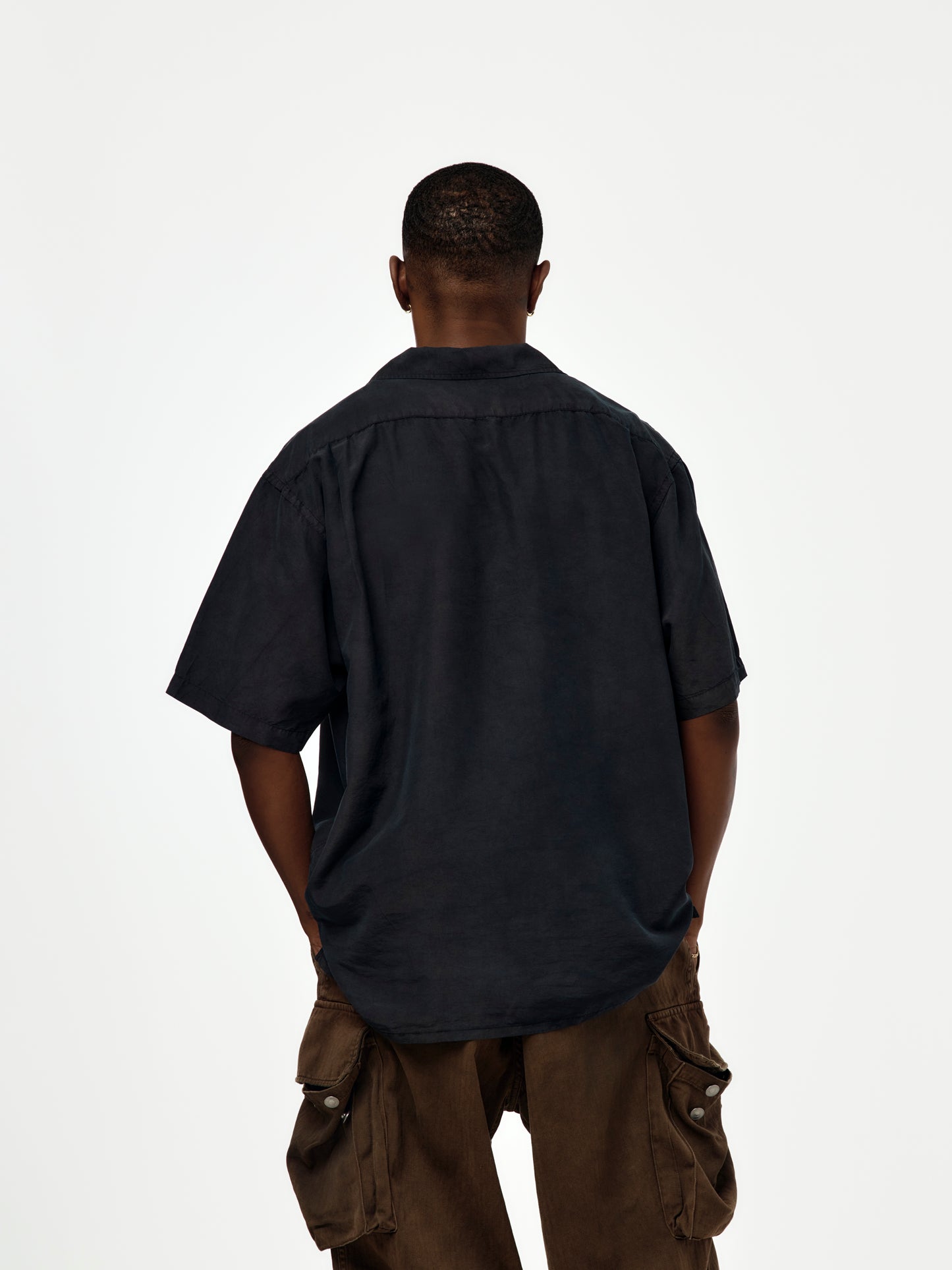 Natural Dyed Silk S/S Open Collar Shirts (BLACK) (SIS)