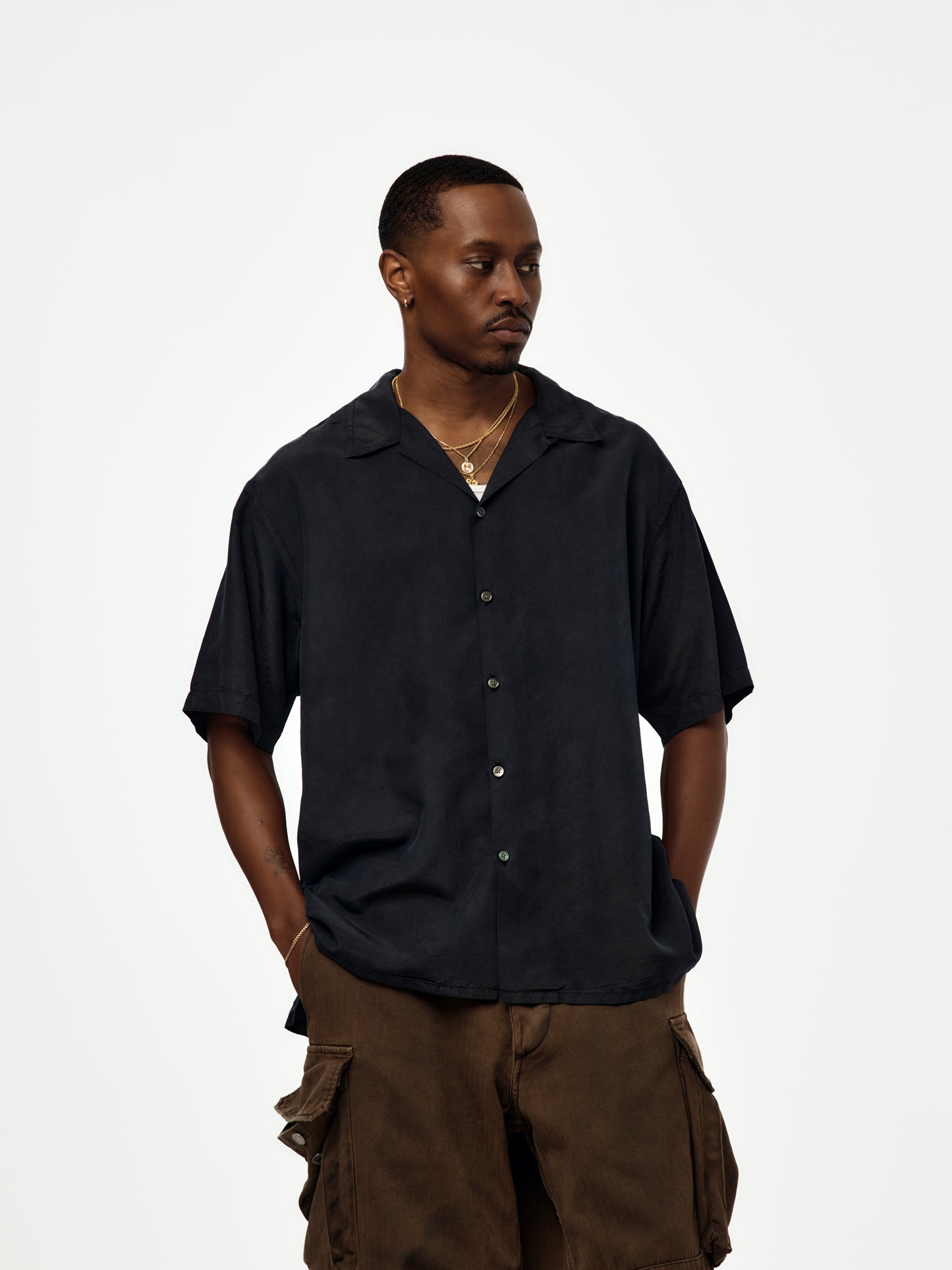Natural Dyed Silk S/S Open Collar Shirts (BLACK) (SIS)