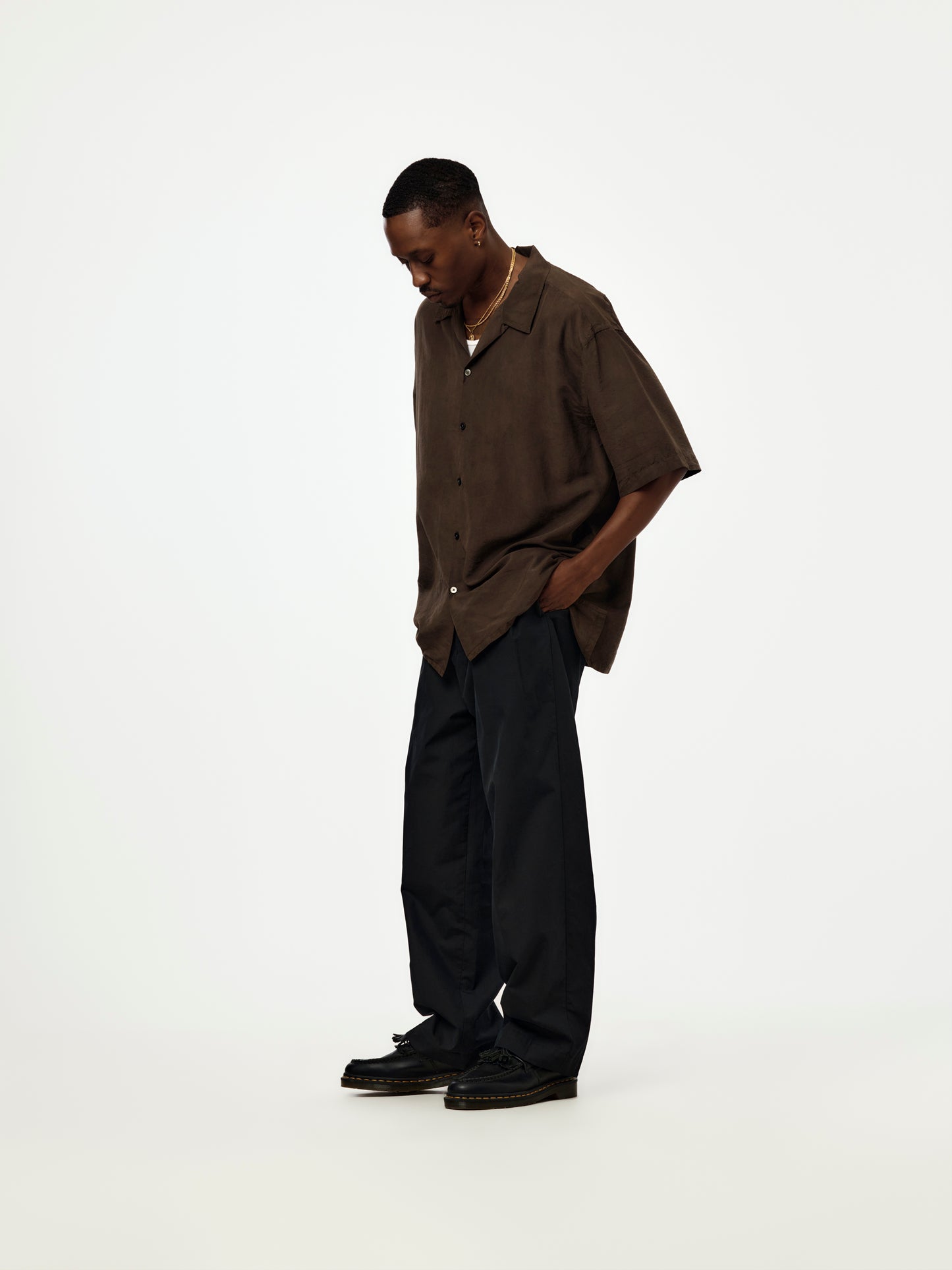 Natural Dyed Silk S/S Open Collar Shirts (BROWN) (SIS)