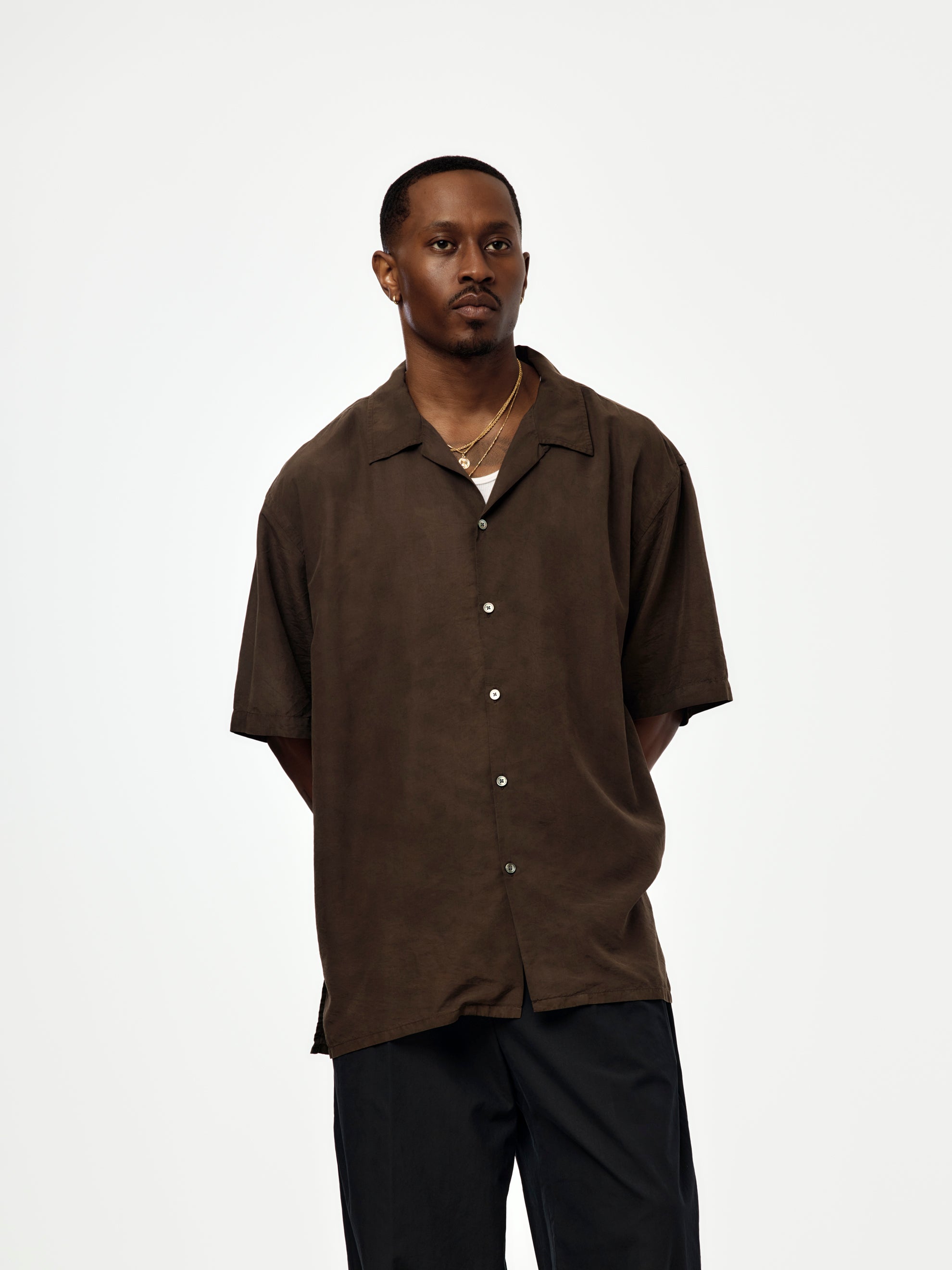 A.PRESSE Natural Dyed Silk S/S Open Collar Shirts (BROWN) (SIS