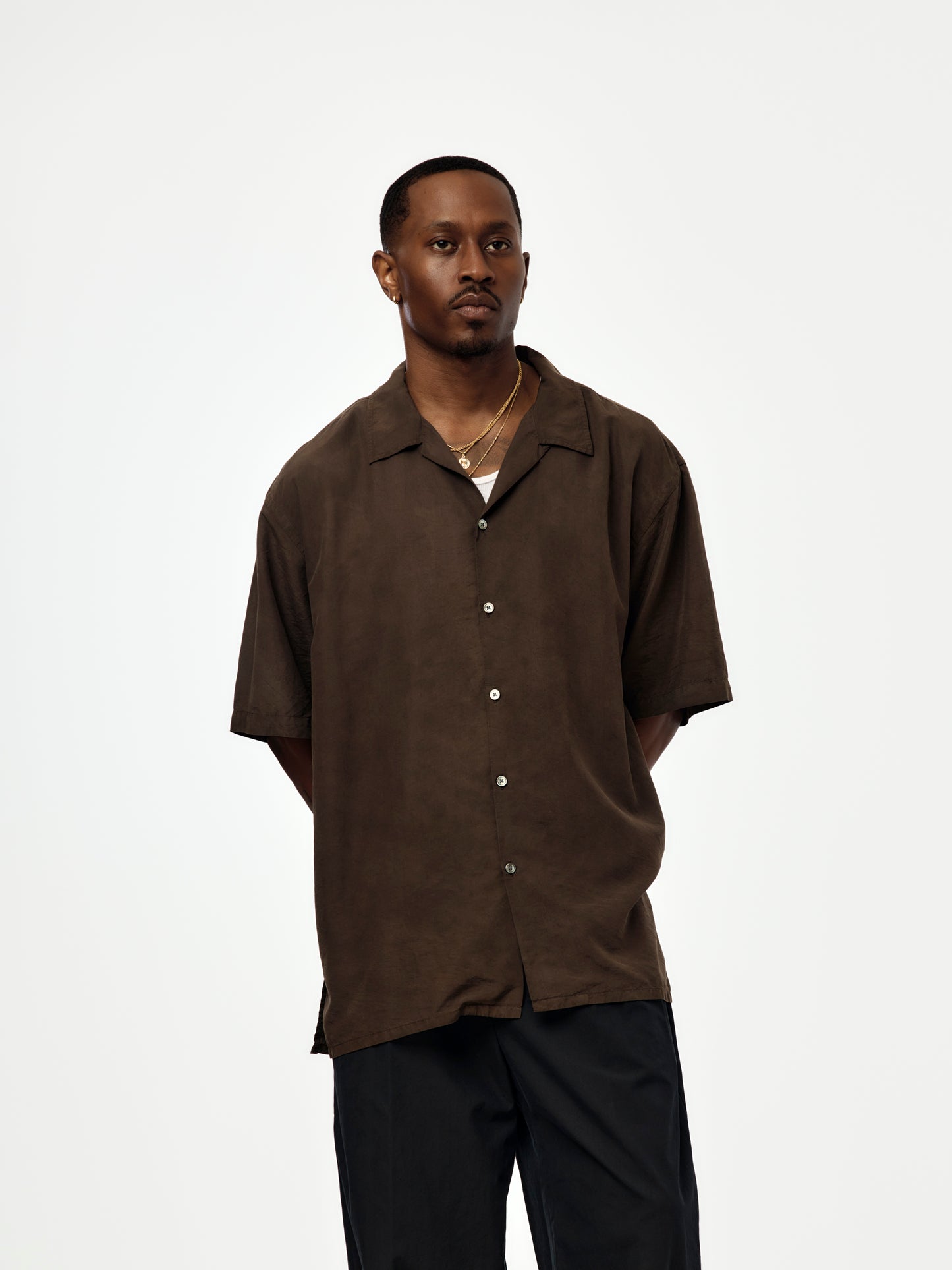 Natural Dyed Silk S/S Open Collar Shirts (BROWN) (SIS)
