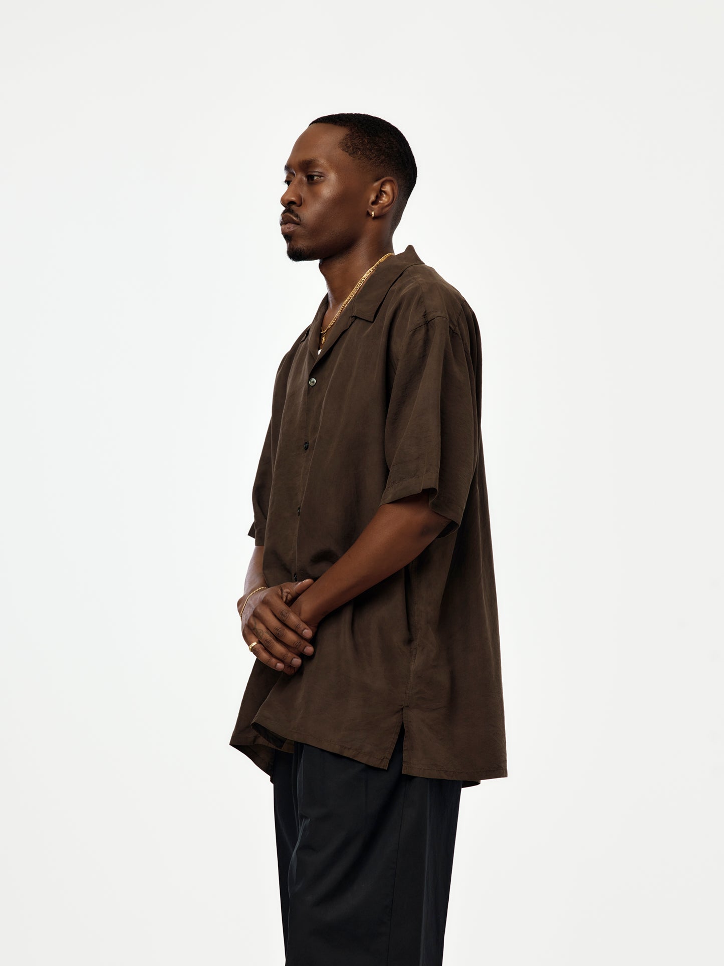 Natural Dyed Silk S/S Open Collar Shirts (BROWN) (SIS)