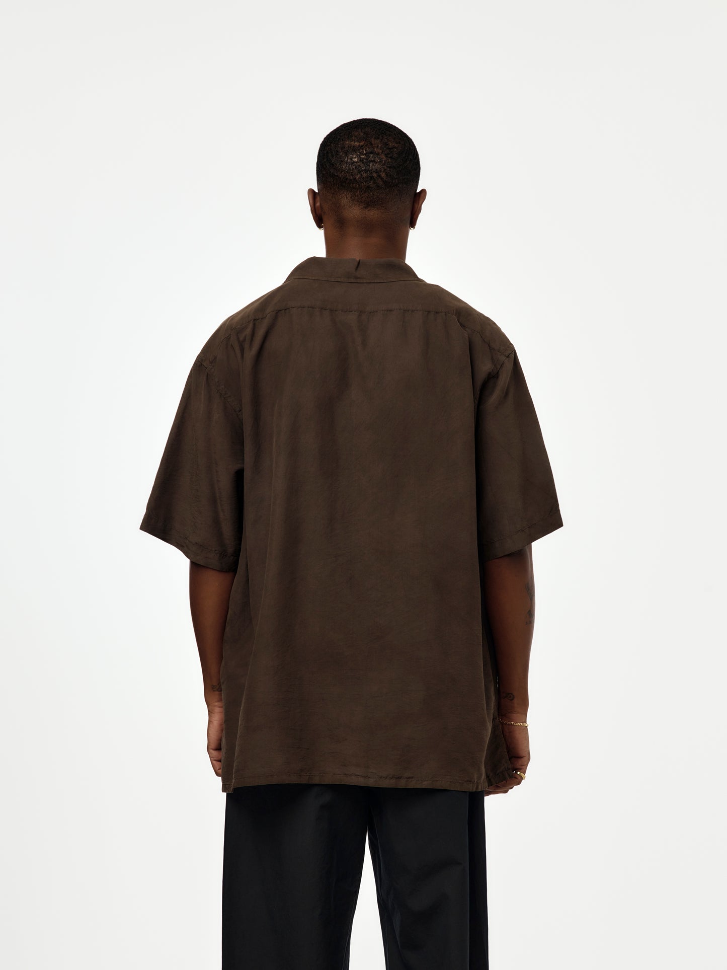 Natural Dyed Silk S/S Open Collar Shirts (BROWN) (SIS)