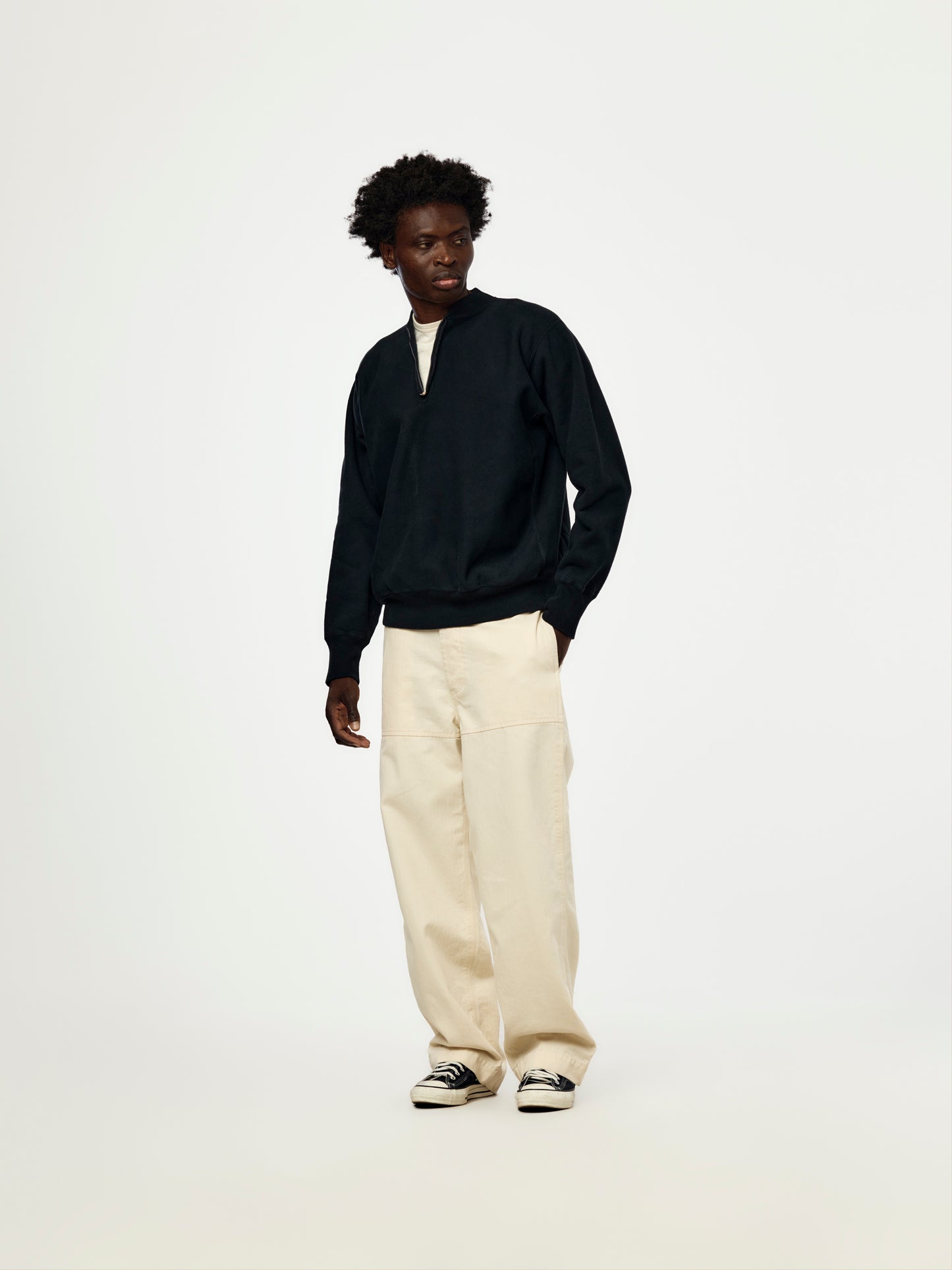 A.PRESSE Vintage Half Zip Rib Collar Sweatshirt (Sis) (Black)