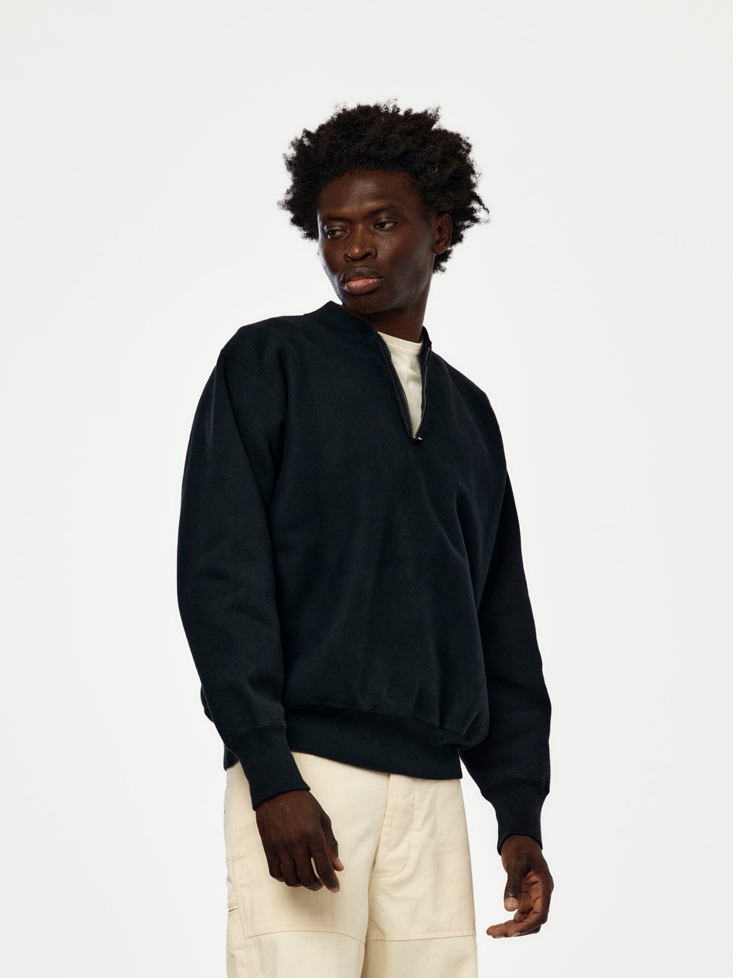 A.PRESSE Vintage Half Zip Rib Collar Sweatshirt (Sis) (Black)