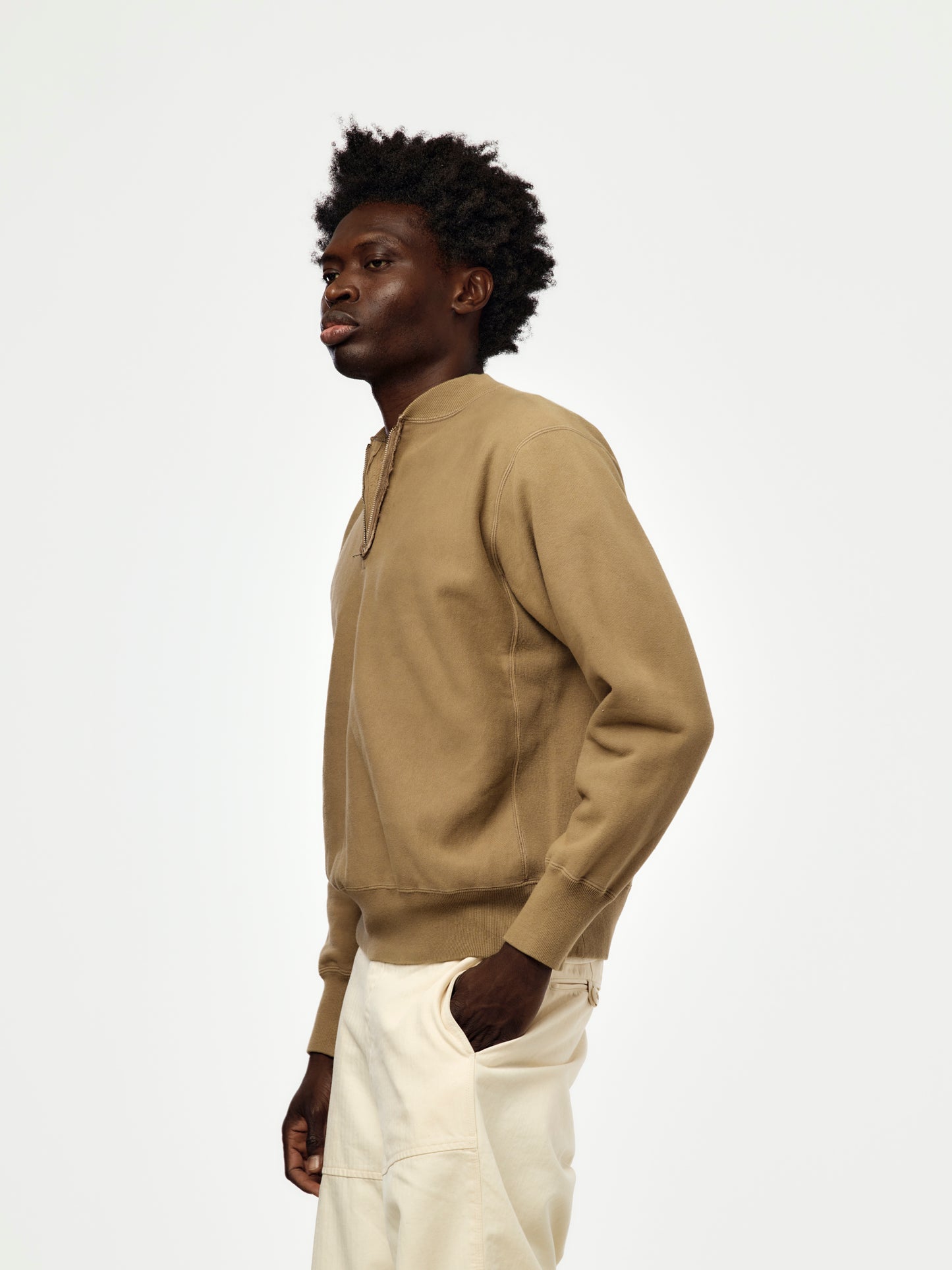 A.PRESSE Vintage Half Zip Rib Collar Sweatshirt (Sis) (Mocha)
