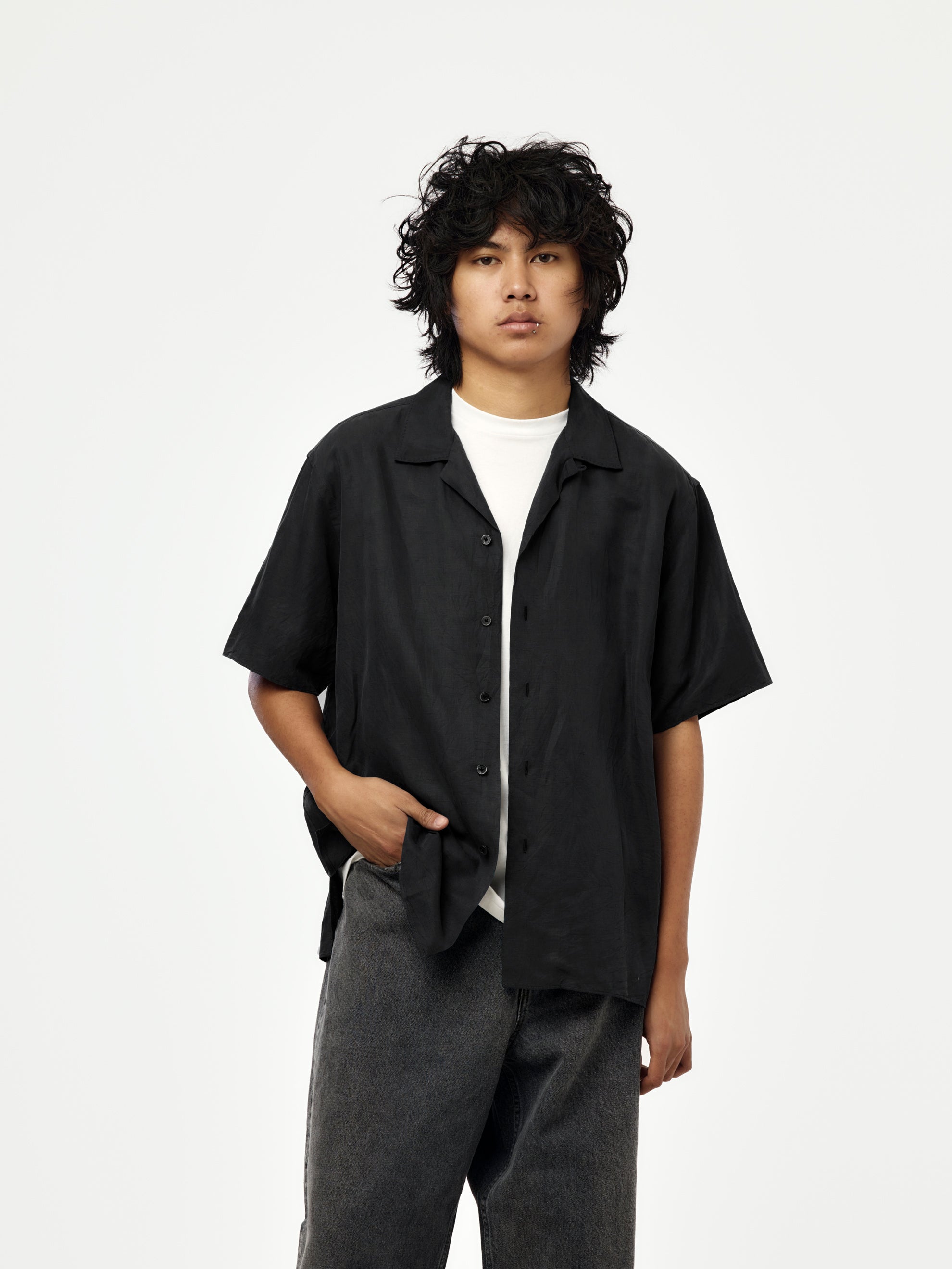A.PRESSE A.PRESSE Vintage Silk Linen Short-Sleeve Open Collar