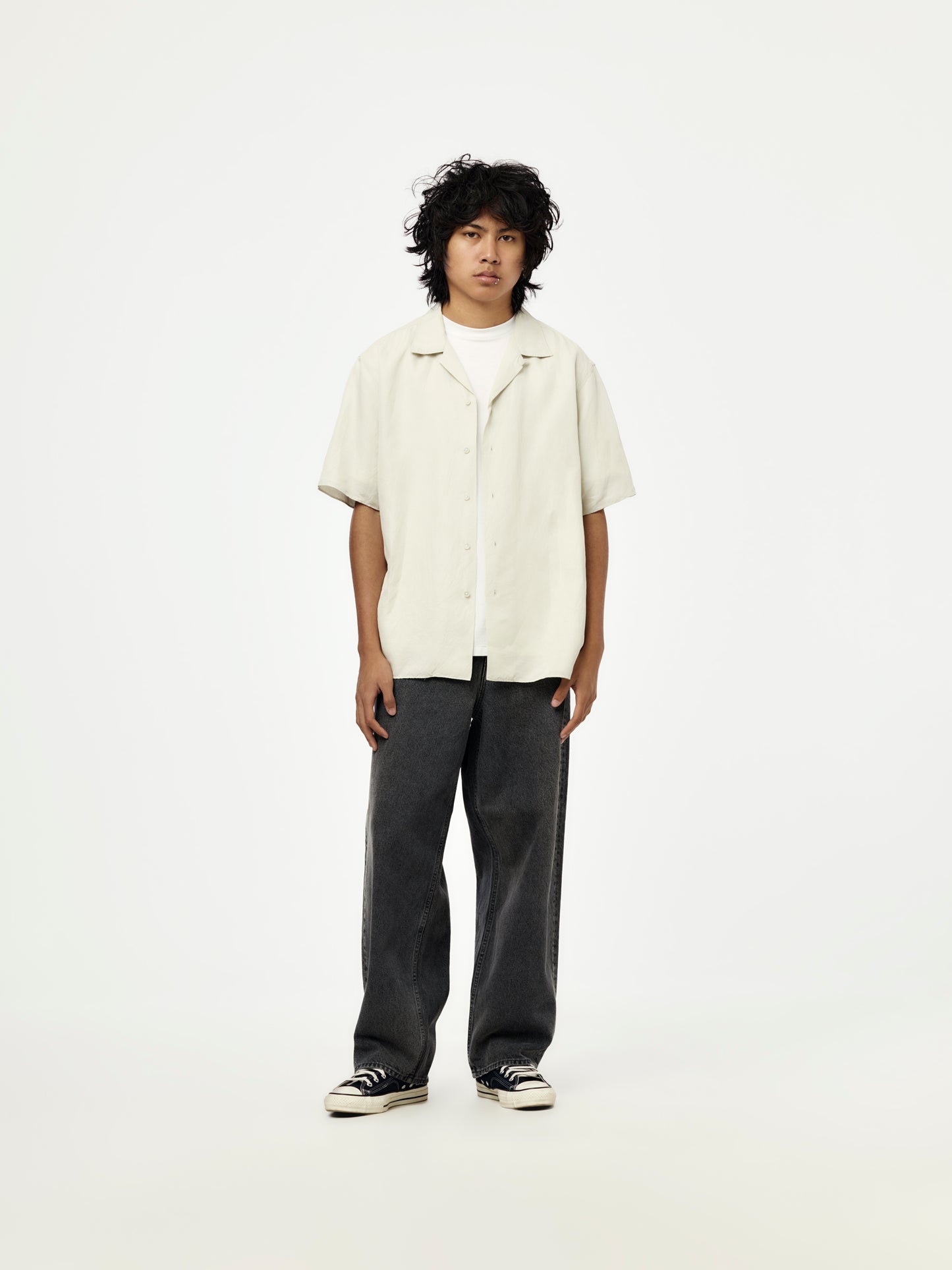 Vintage Silk Linen Short-Sleeve Open Collar Shirt (Ecru)