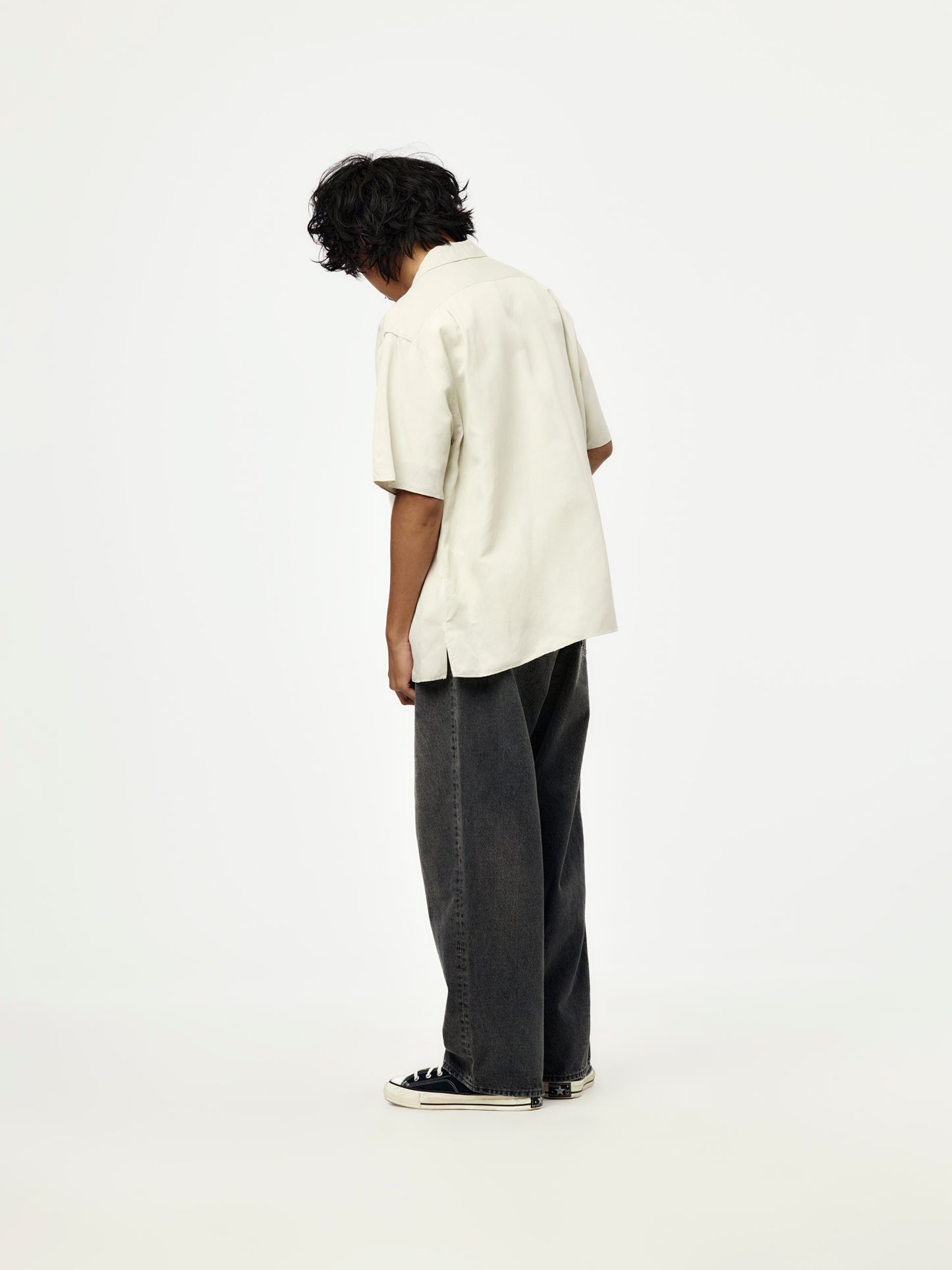 Vintage Silk Linen Short-Sleeve Open Collar Shirt (Ecru)