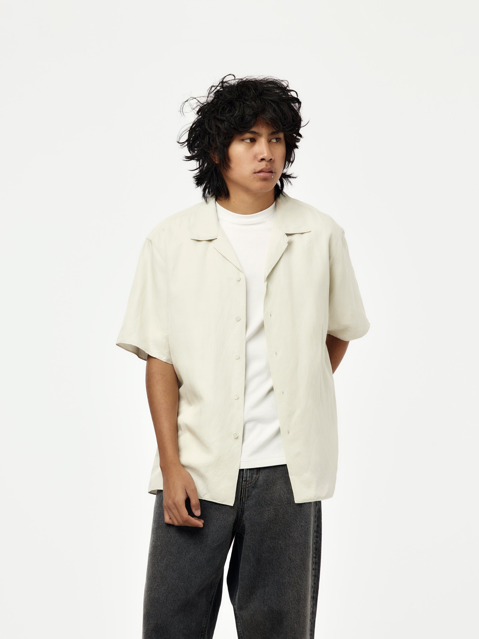 A.PRESSE A.PRESSE Vintage Silk Linen Short-Sleeve Open Collar