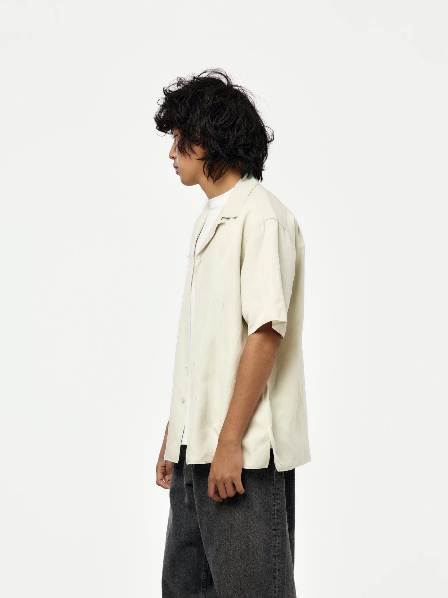 Vintage Silk Linen Short-Sleeve Open Collar Shirt (Ecru)