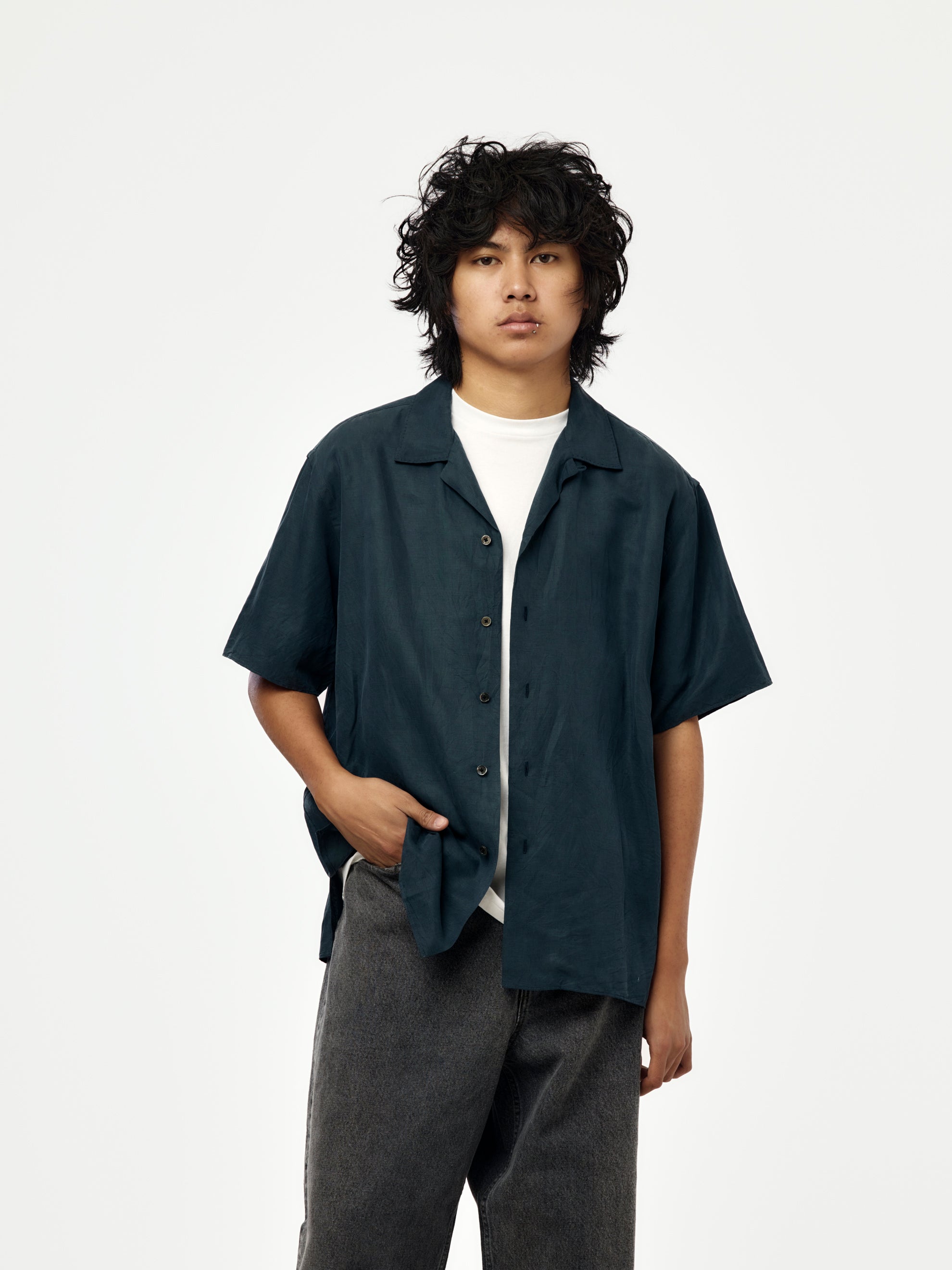 A.PRESSE A.PRESSE Vintage Silk Linen Short-Sleeve Open Collar