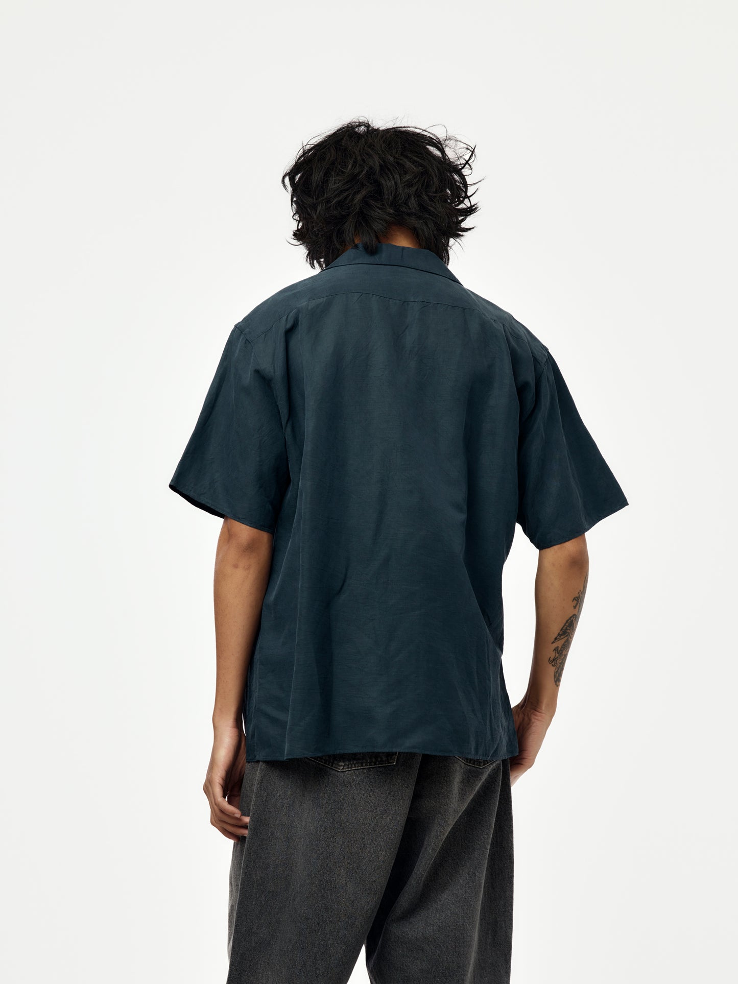 Vintage Silk Linen Short-Sleeve Open Collar Shirt (Navy)